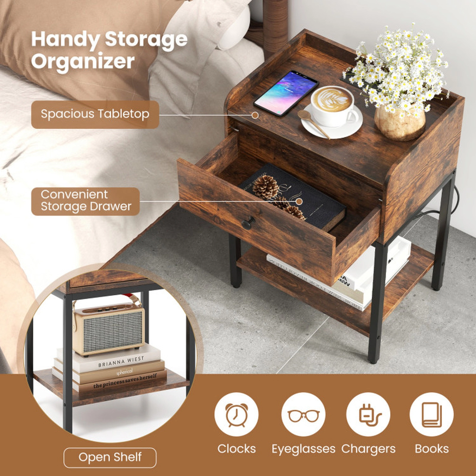 SUGIFT Industrial Bedside Nightstand with Charging Station & Drawer 70-lb Tabletop Capacity Rustic Brown Engineered Wood