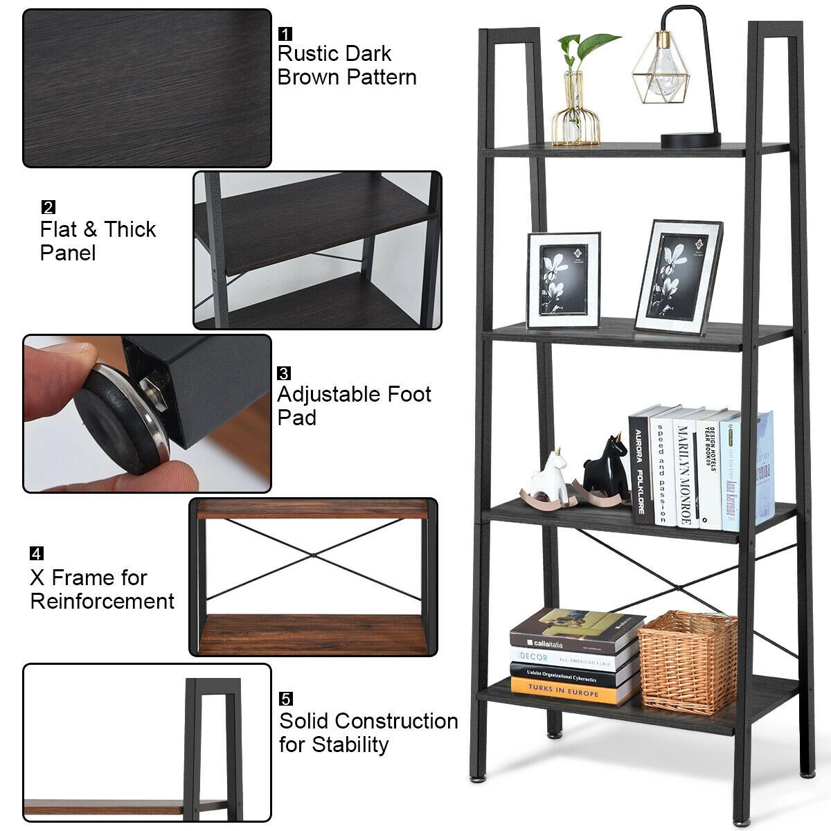 SlickBlue Modern 4-Tier Storage Shelf with Metal Frame and Wood