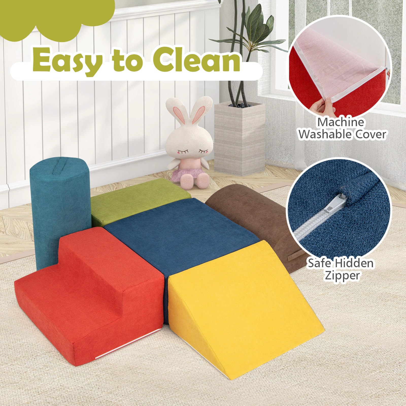 6-Piece Baby Climbing Blocks Soft Foam Play Set Machine-Washable Chenille Covers Hidden Zippers Ages 1-3 Multicolor
