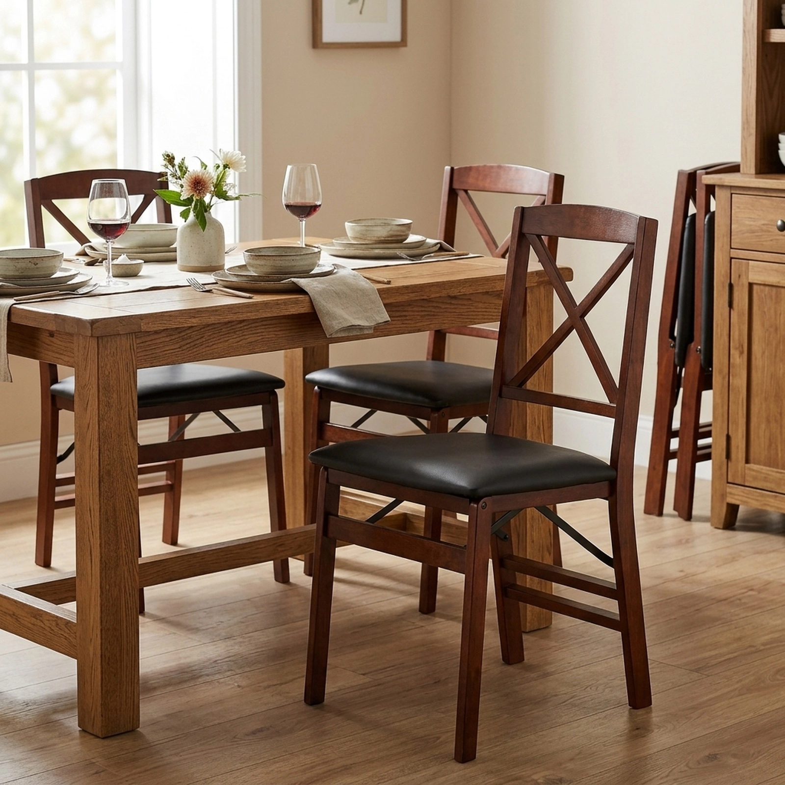 SUGIFT Set of 2 Folding Dining Chairs, Brown PU Leather Seat, Solid Wood Frame