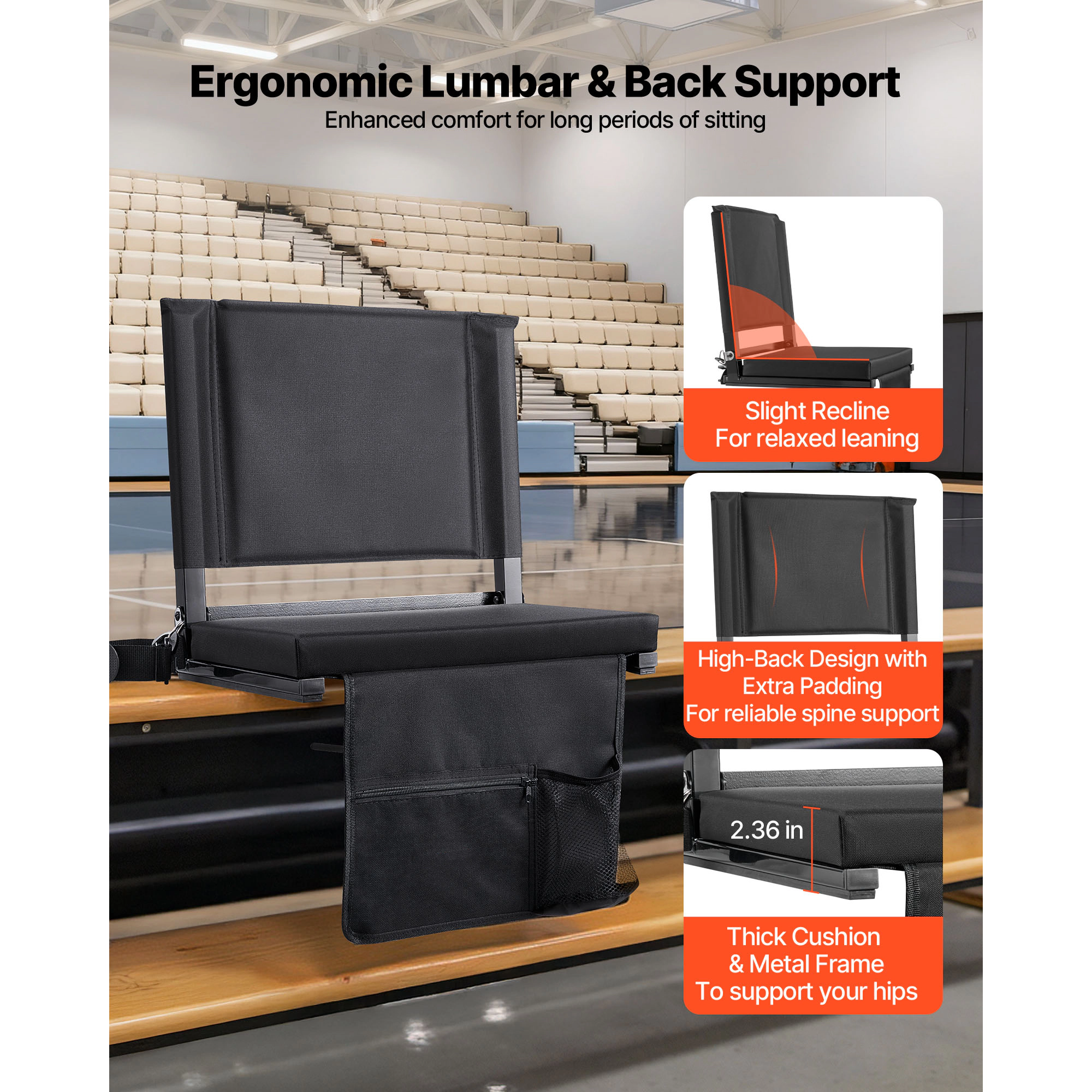 HONGGE Stadium Seat Folding Bleacher with Back Support and Thick Cushion Padded Seats for