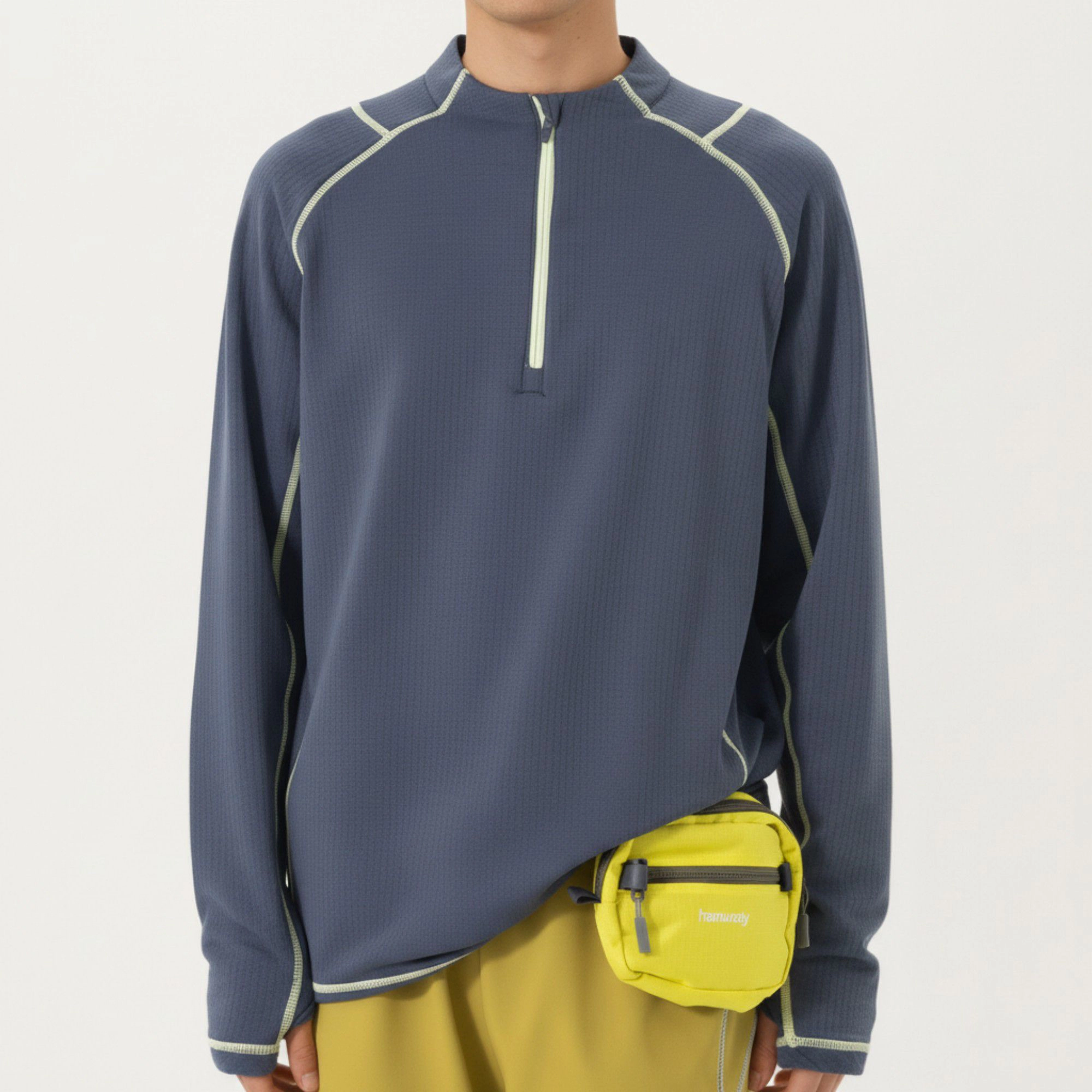 Anna-Kaci Men's Long Sleeve Half-Zip Pullover Top with Textured Knit Fabric and Contrast Seam Detailing