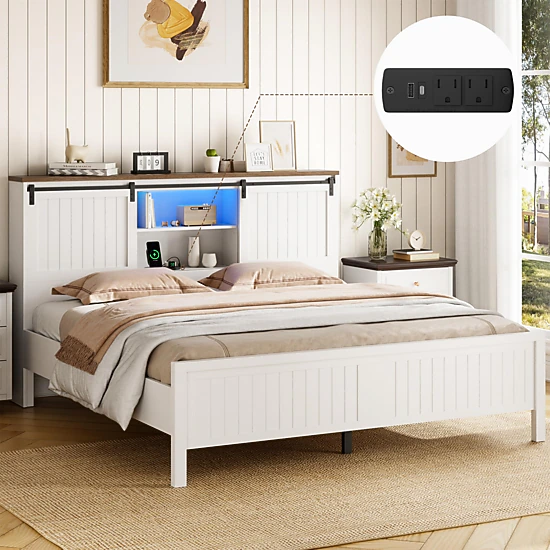BebreezChic Platform Bed Frame with Charging Station, LED Light, Storage Bookcase & Barn Doors