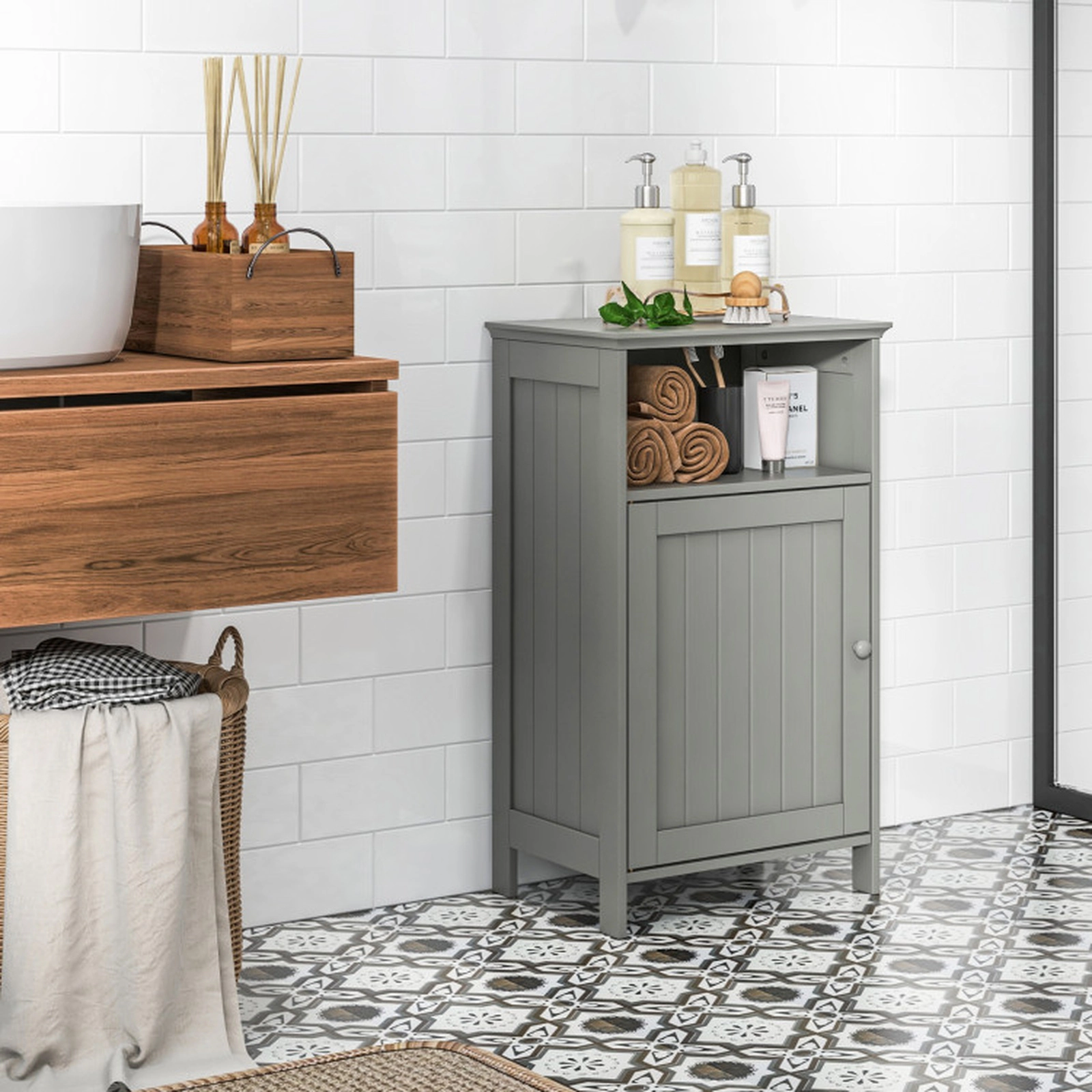 SUGIFT Gray 16-in Wide Freestanding Bathroom Floor Storage Cabinet with Open Cube and Adjustable Shelf