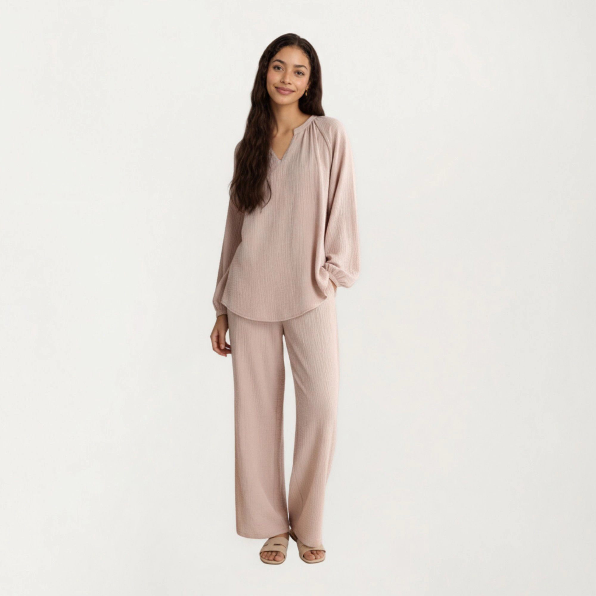 Anna-Kaci Women's 2-Piece Textured Long Sleeve V-Neck Top and Wide Leg Pants