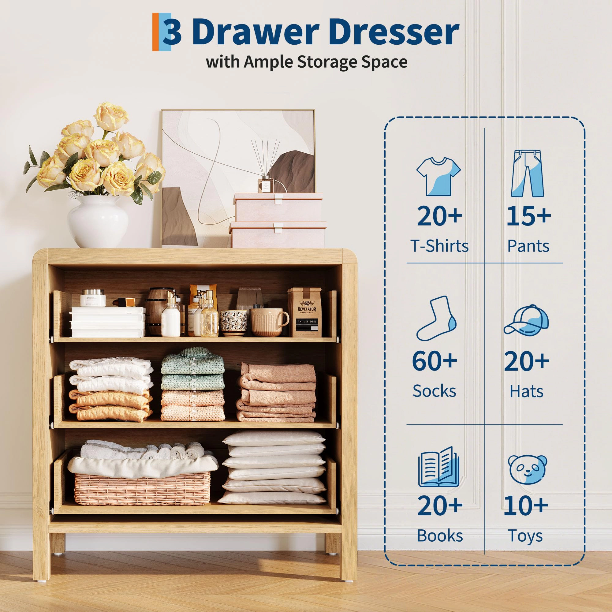 3 Drawer Dresser for Bedroom, 30" Tall Storage Chest, Nightstand with Large Clothes Organizer