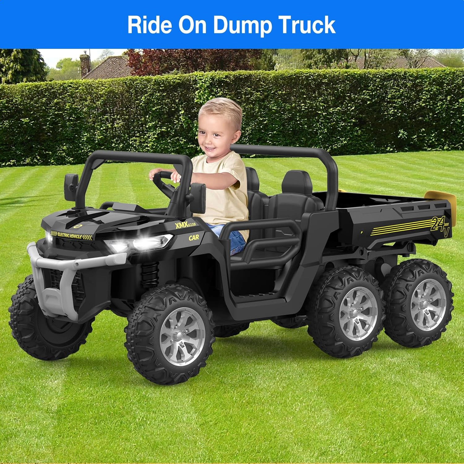 24V 4WD 6-Wheel 2-Seater Kids Ride-On Dump Truck, Remote Control, 4×75W Motors, LED Lights, Music, Functional Bed