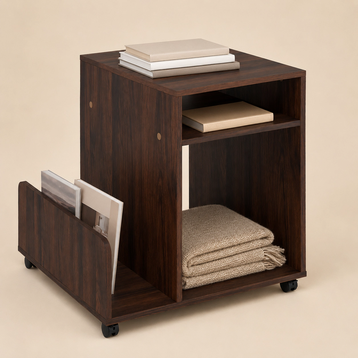 SUGIFT 3-Tier Brown Rolling End Table with Side Storage Rack and Lockable Wheels