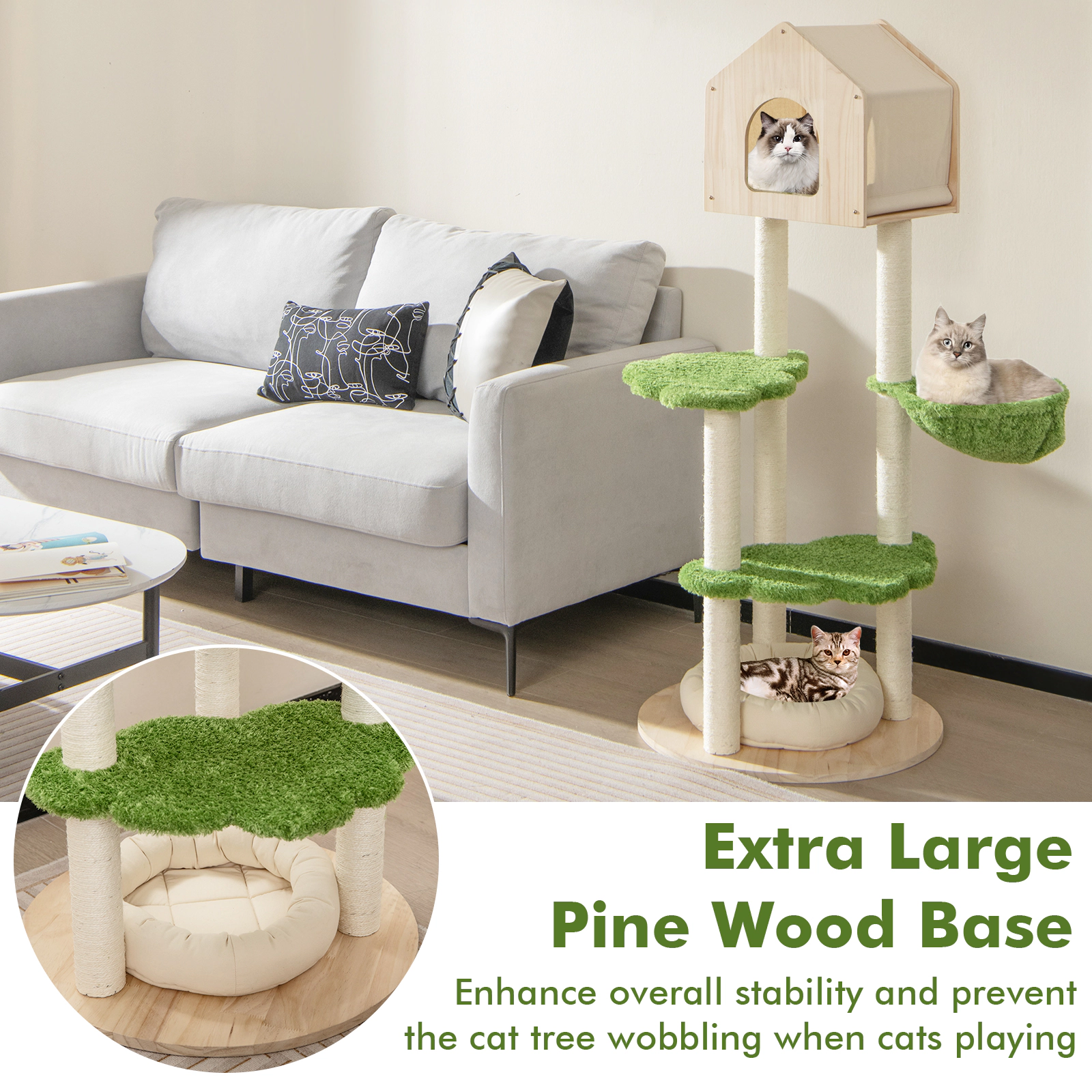 SUGIFT 55-in Tall Cat Tree with Hammock Pine Wood Condo Basket Bed and Sisal Posts for Indoor Cats