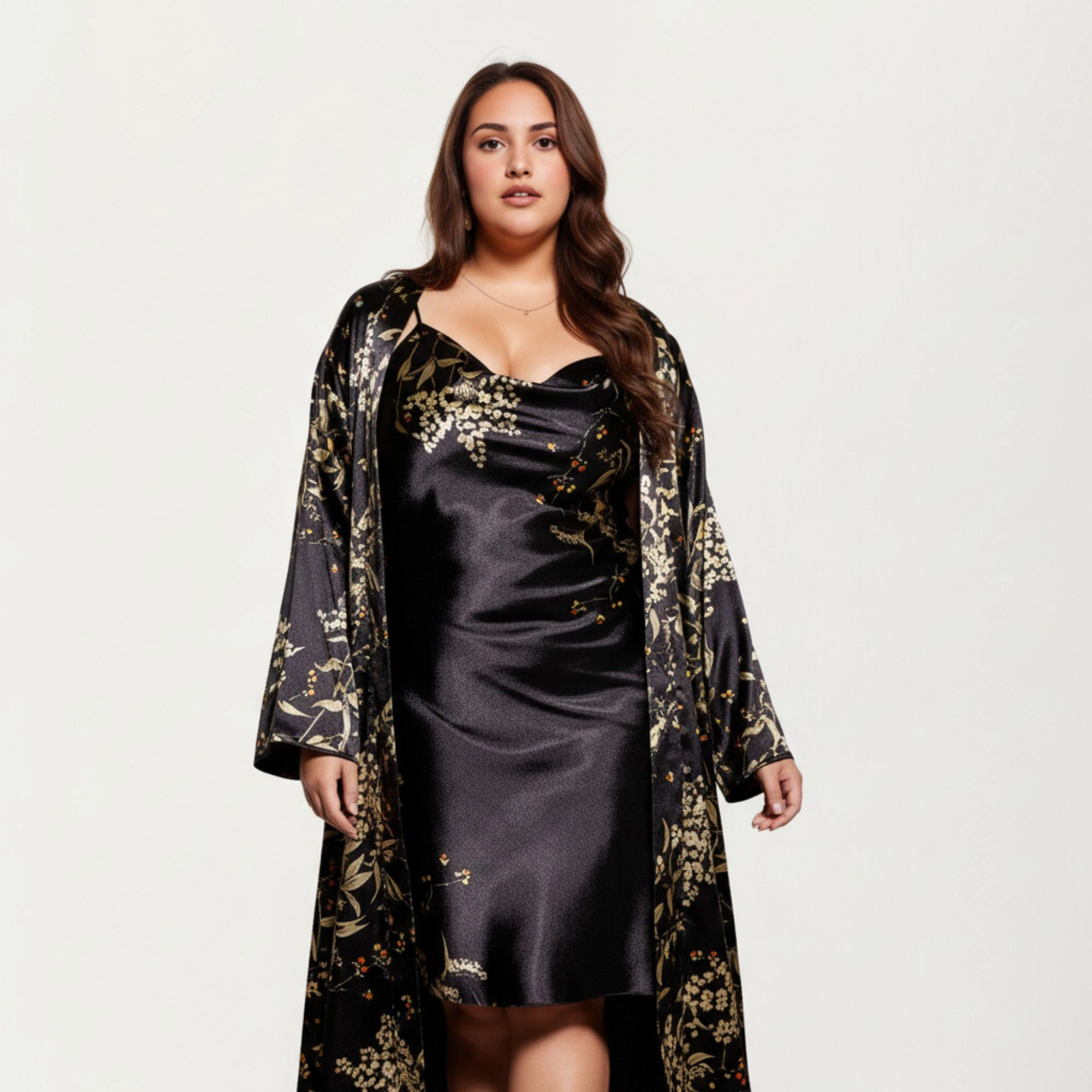 Anna-Kaci Women's Satin Slip Dress and Long Robe Set Floral Pattern Draped Neckline Elegant Flowing Layered Design