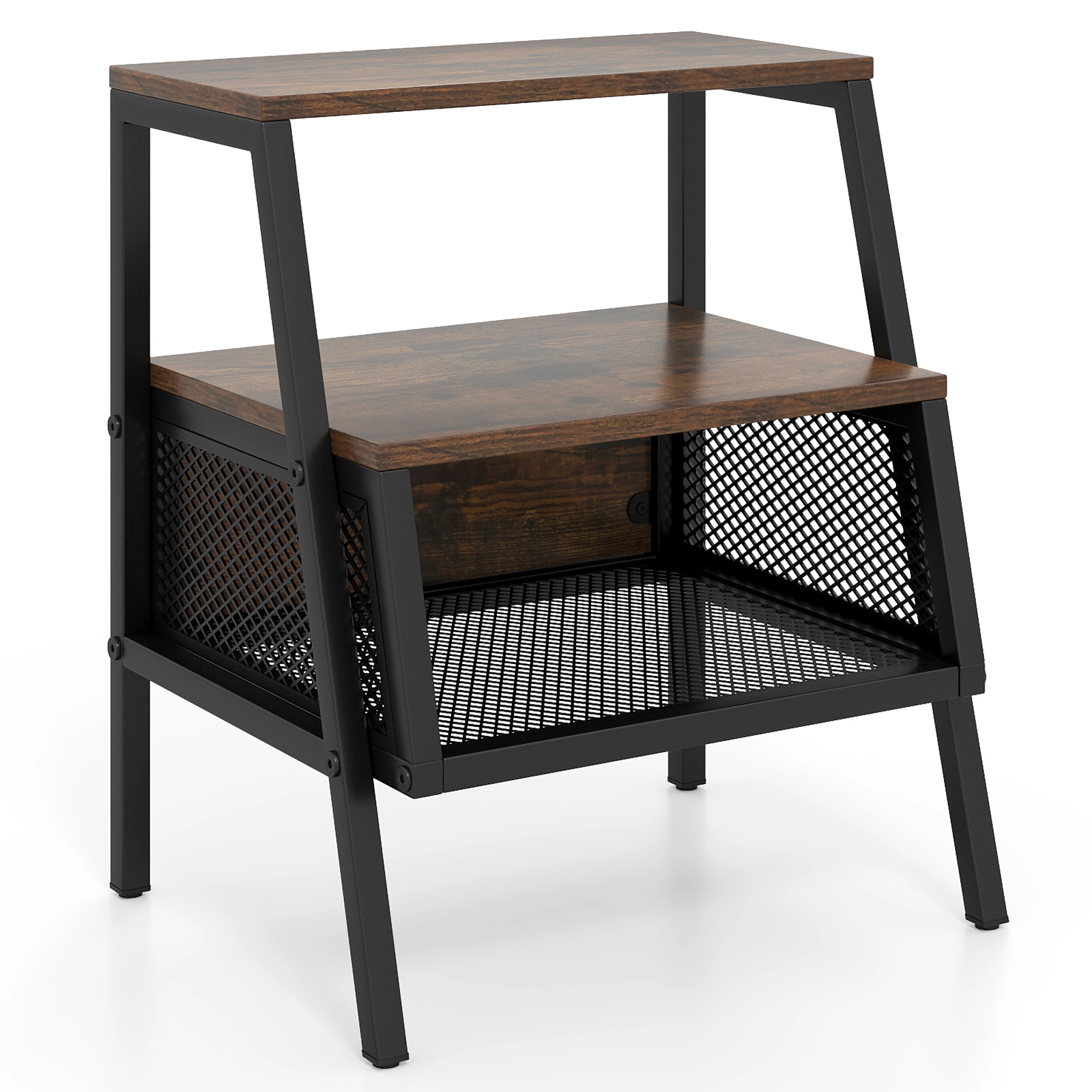 SUGIFT 3-Tier Industrial Nightstand End Table with 2 Open Shelves & Metal Mesh Compartment 22-lb Capacity Rustic Brown +