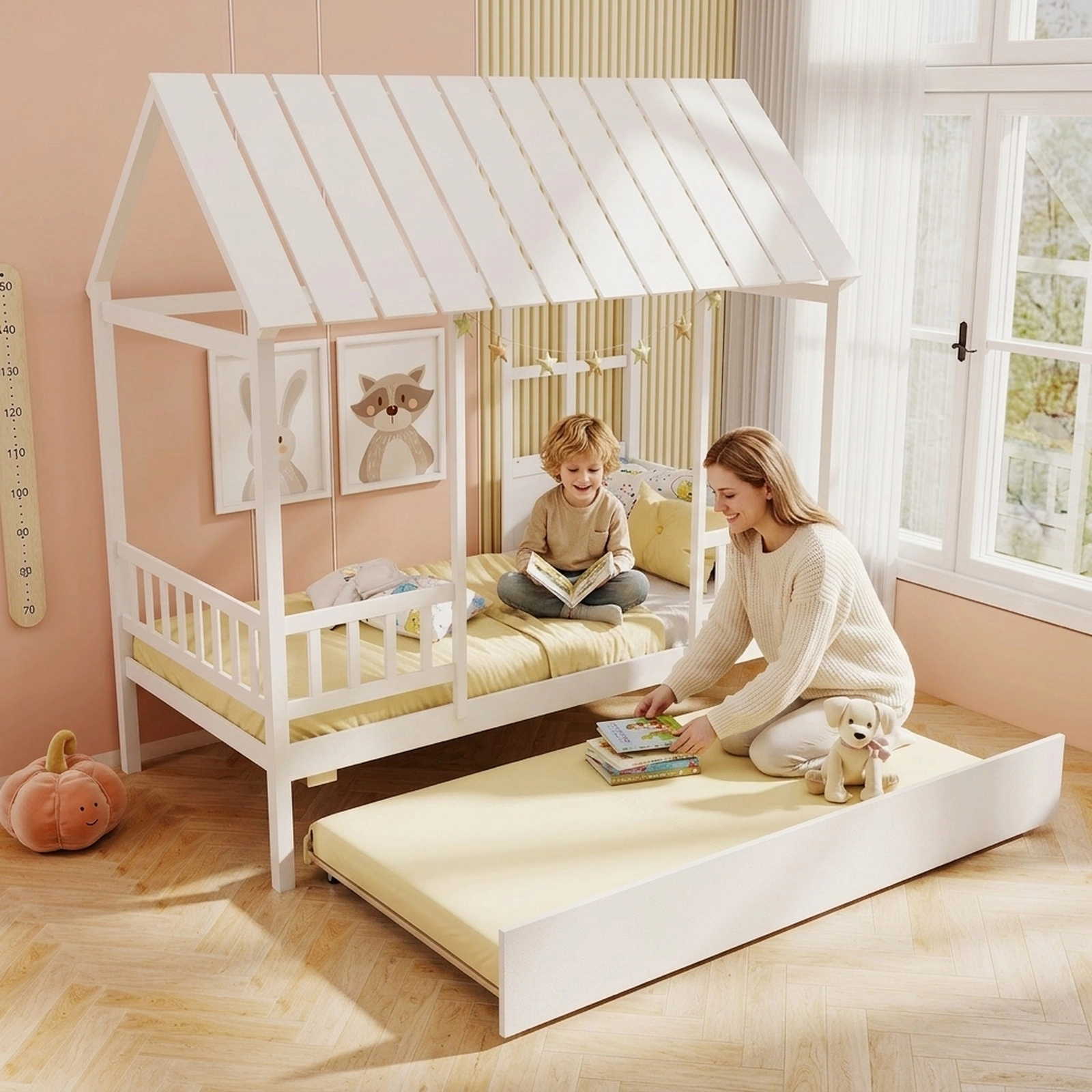 SUGIFT Twin House Bed with Trundle, Roof Window, Guardrails, White Pine Wood