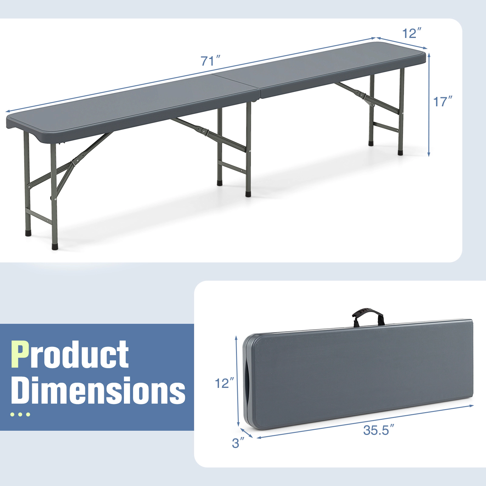SUGIFT 6-Ft HDPE Plastic Folding Bench Portable Seat with Carry Handle and Middle Lock 660-lb Capacity Gray/White