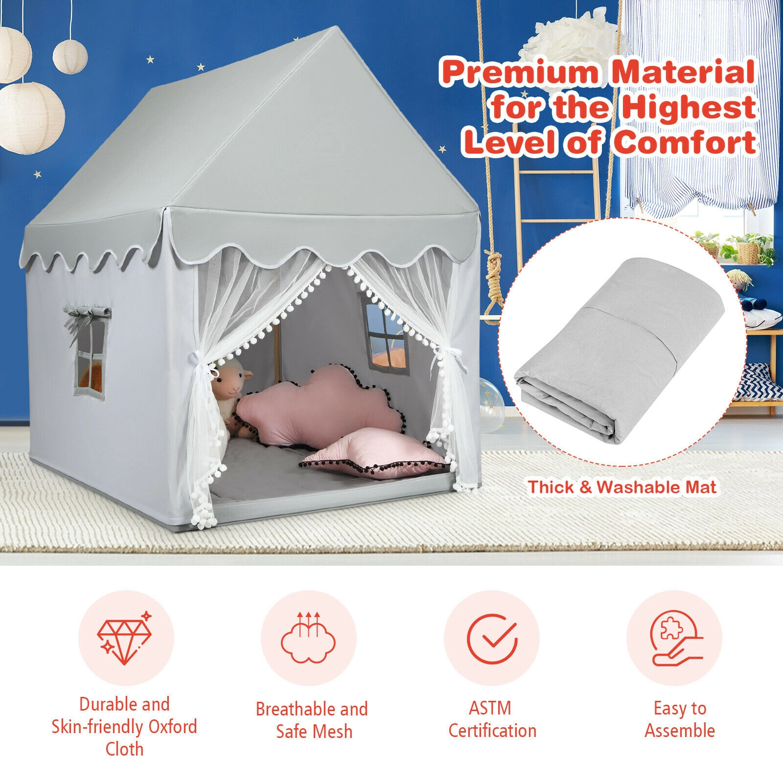 Kids Play Tent Indoor Castle Playhouse with Thick Cotton Mat and Mesh Door 47-in x 41-in x 55-in Gray
