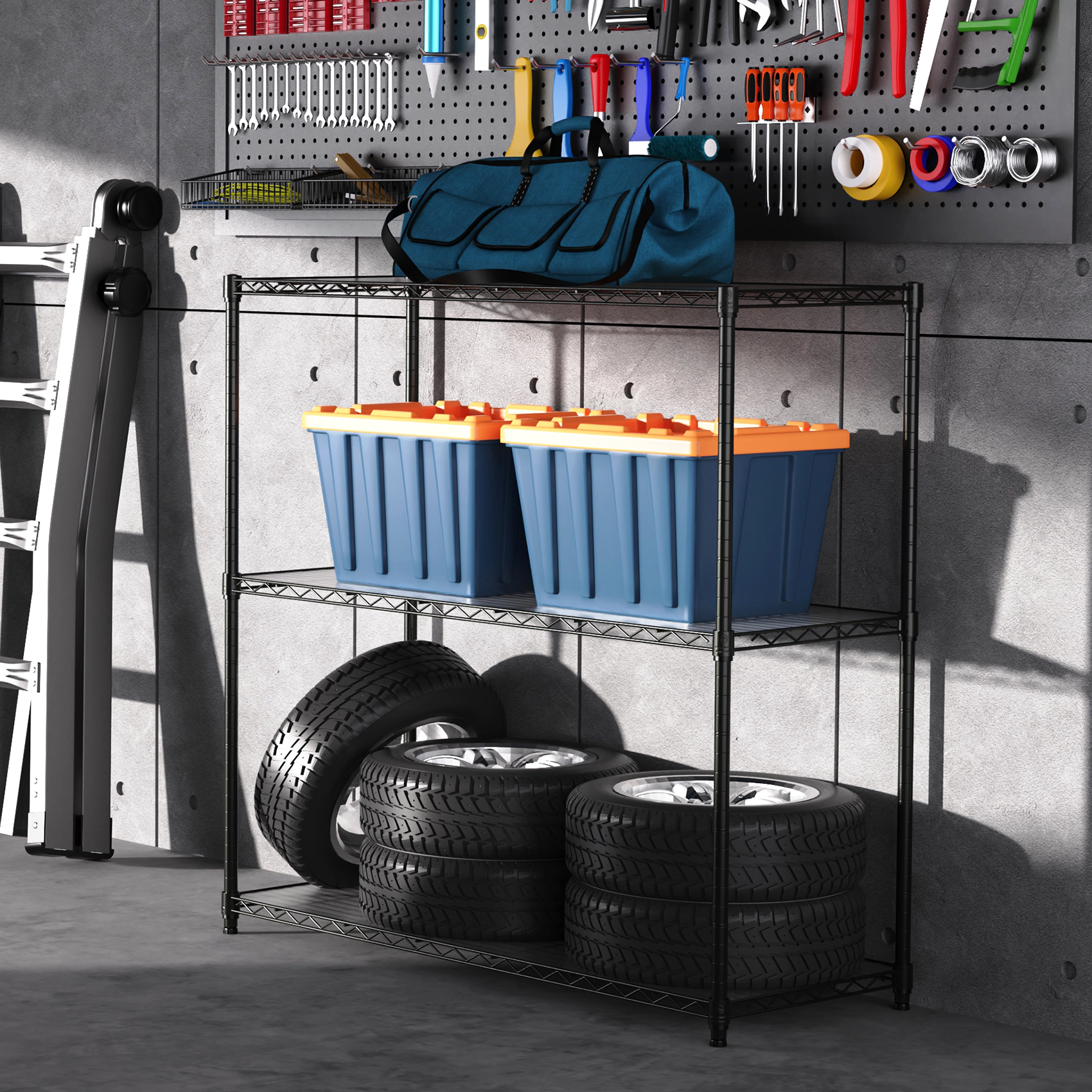 Flynama Steel 3 Tier Black Wire Shelving 1050lb NSF Certified Adjustable Rack for Garage and Workshop