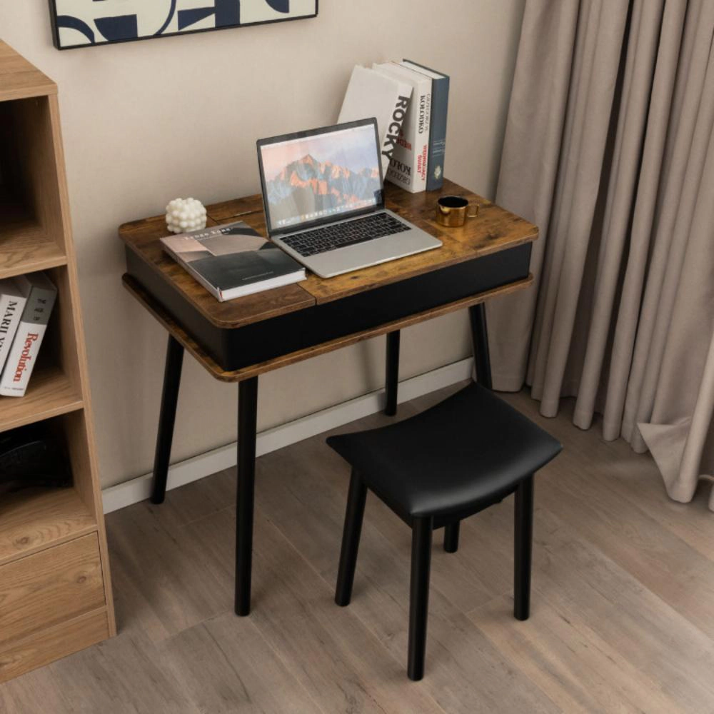 Hivvago Vanity Table Set With Flip Top Mirror Lights Usb Writing Desk And Stool-Brown