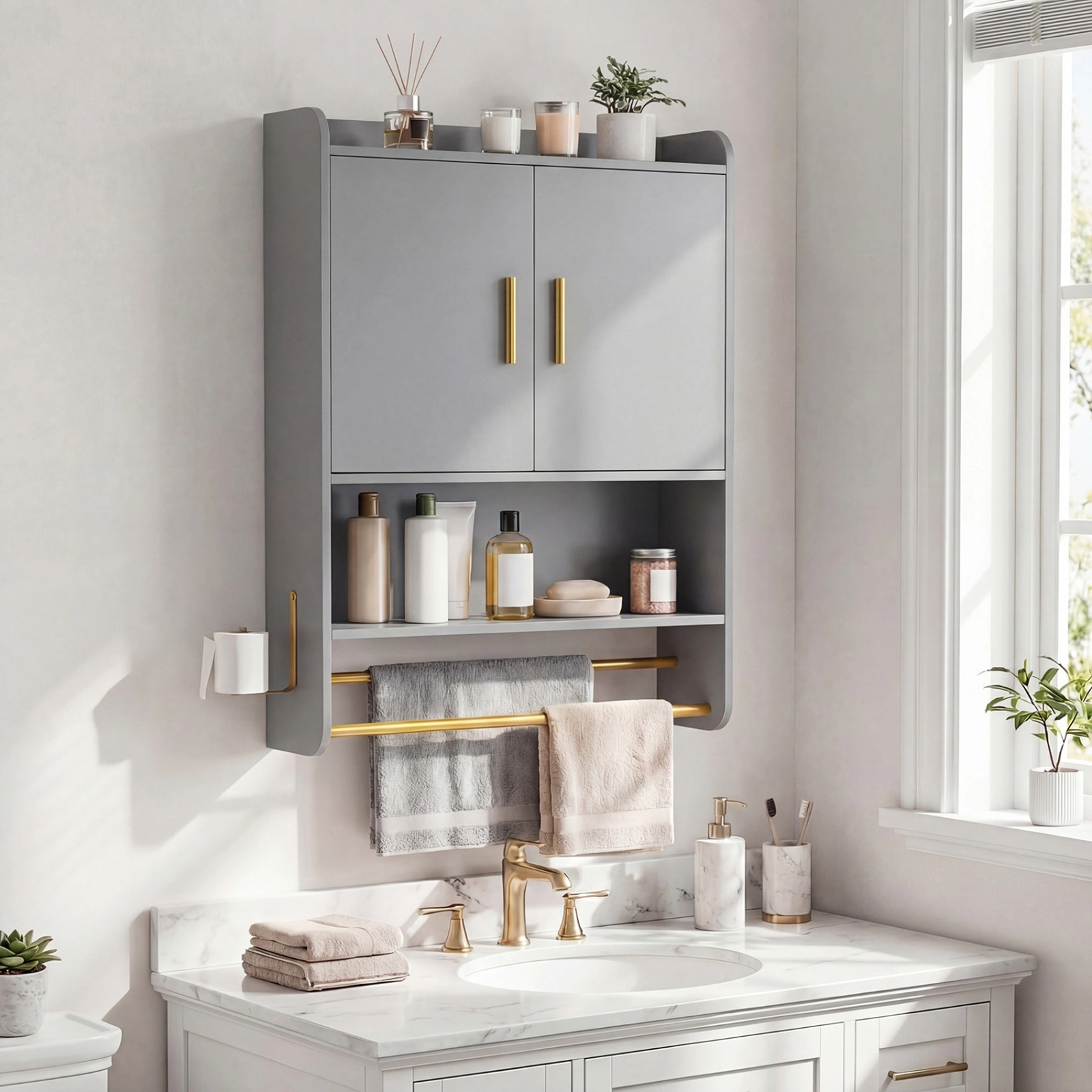 SUGIFT 2-Door Double Towel Bars 3-Height Shelf Bathroom Medicine Cabinet 21.5-in x 8-in x 31.5-in 22-lb per Tier Gray