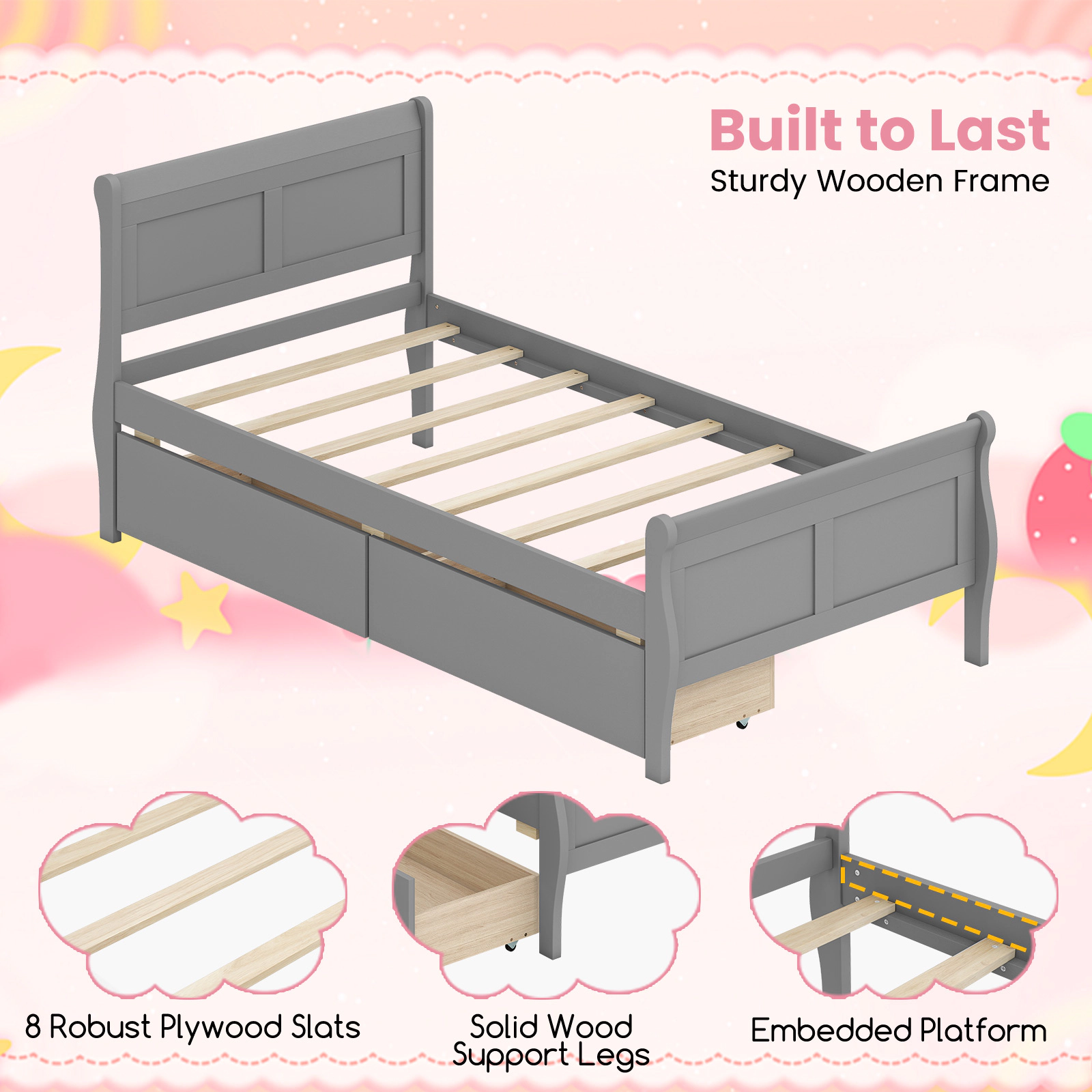 SUGIFT Twin Size 400-lb Bed Capacity Sleigh Wood Platform Bed Frame with 2 Storage Drawers 82.5-in L 41-in W Gray
