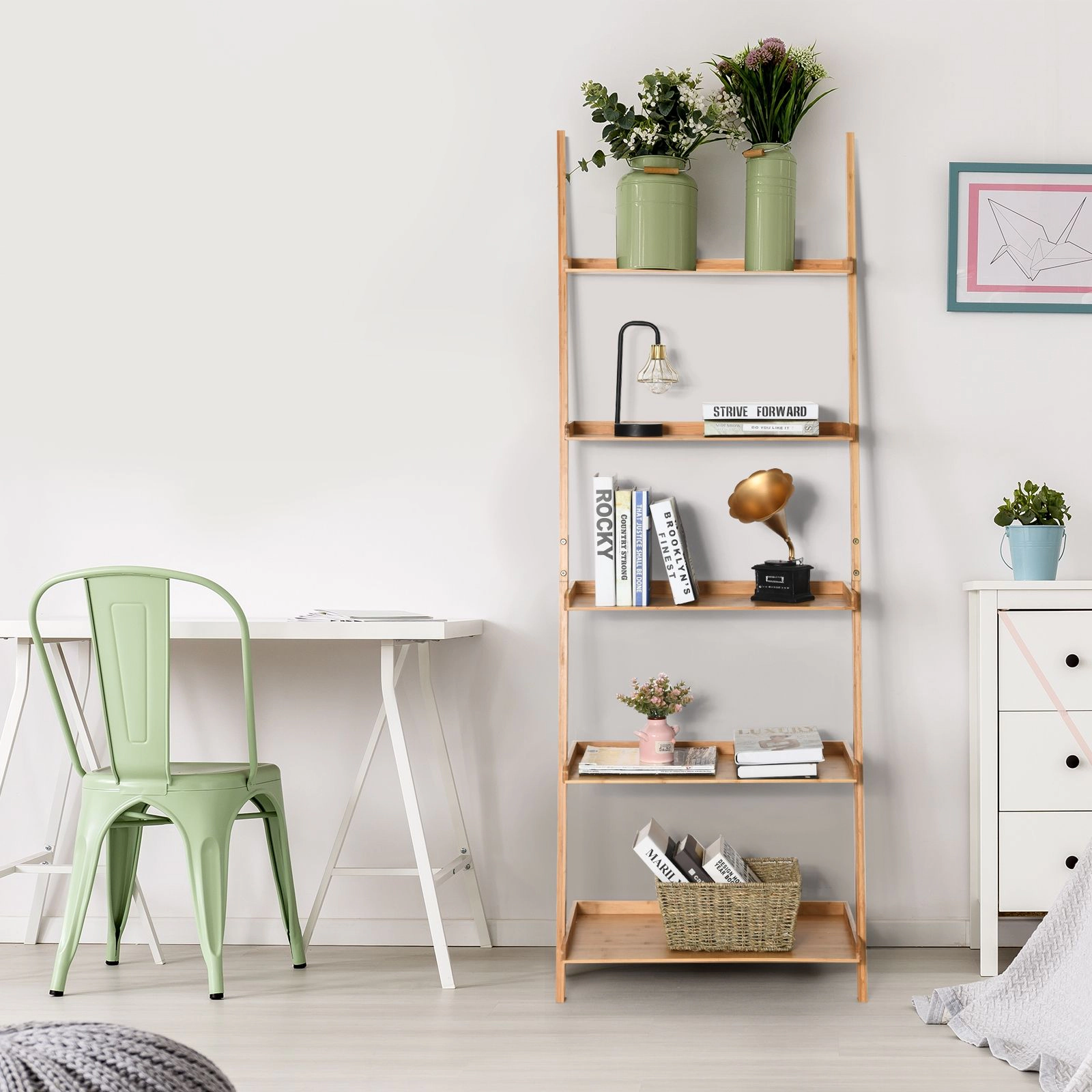 SlickBlue 5-Tier Leaning Wicker Shelf, Vertical Storage Rack