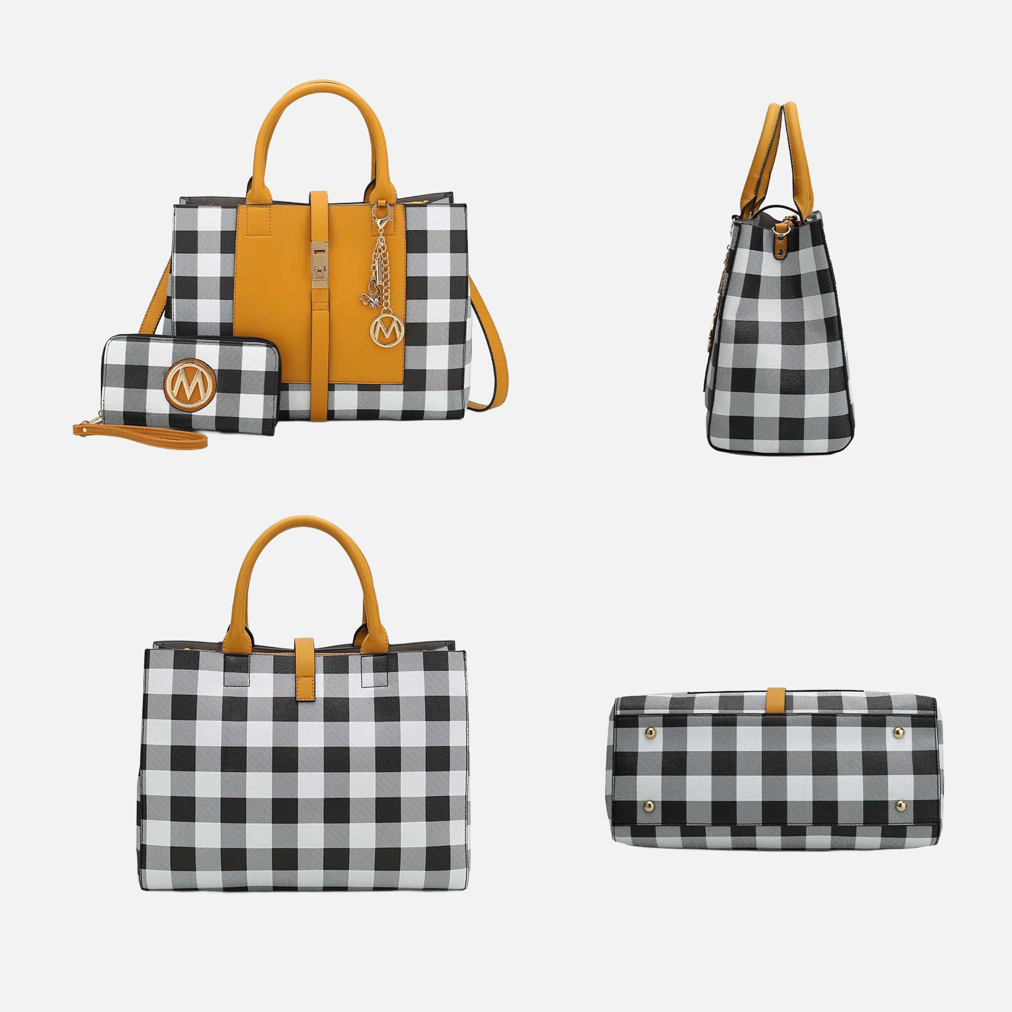 MKF Collection Yuliana Checked Satchel with Matching Wallet - Vegan Leather, Gold-Tone Hardware