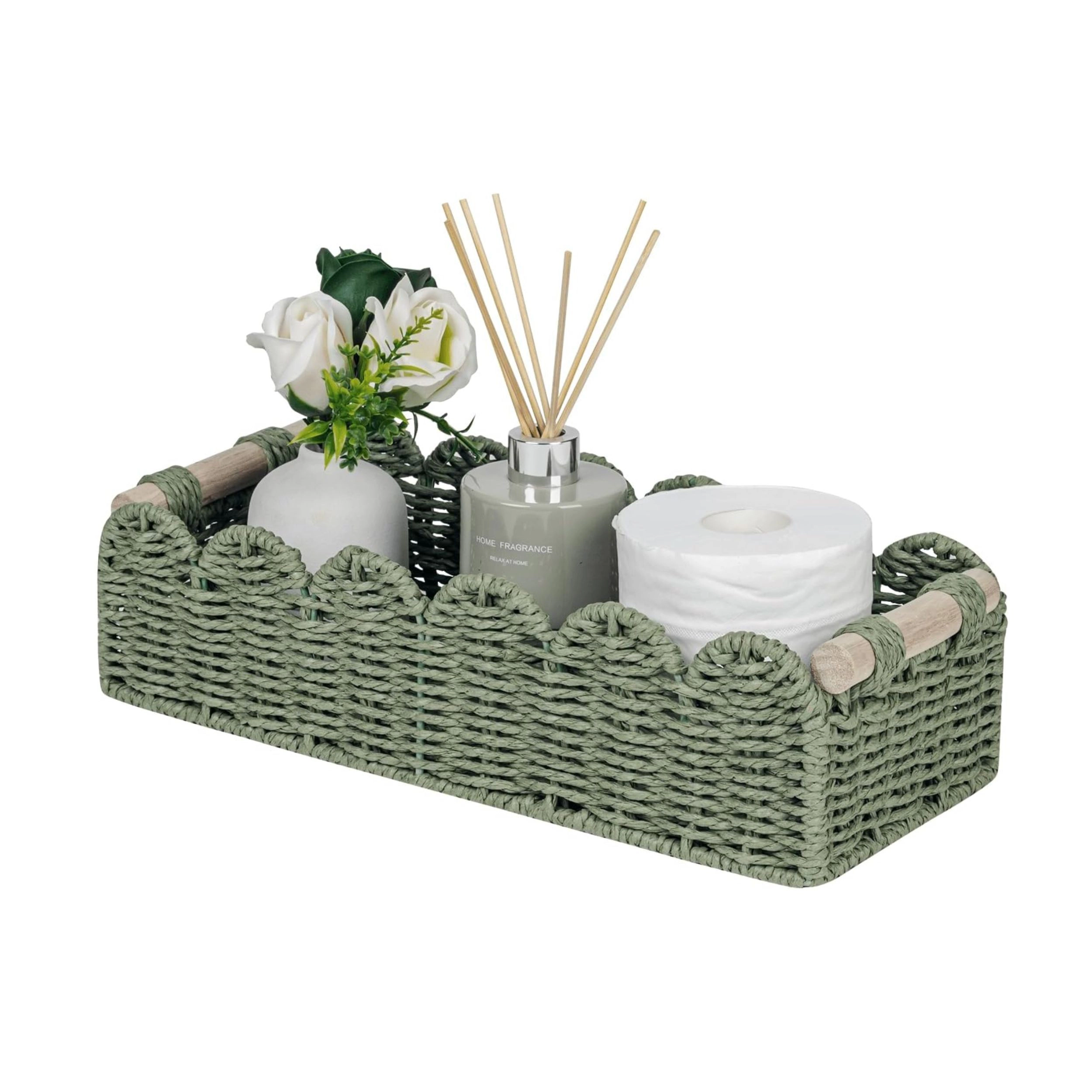 Stock Preferred Handwoven Scalloped Toilet Paper Storage Basket with Handle for Bathroom