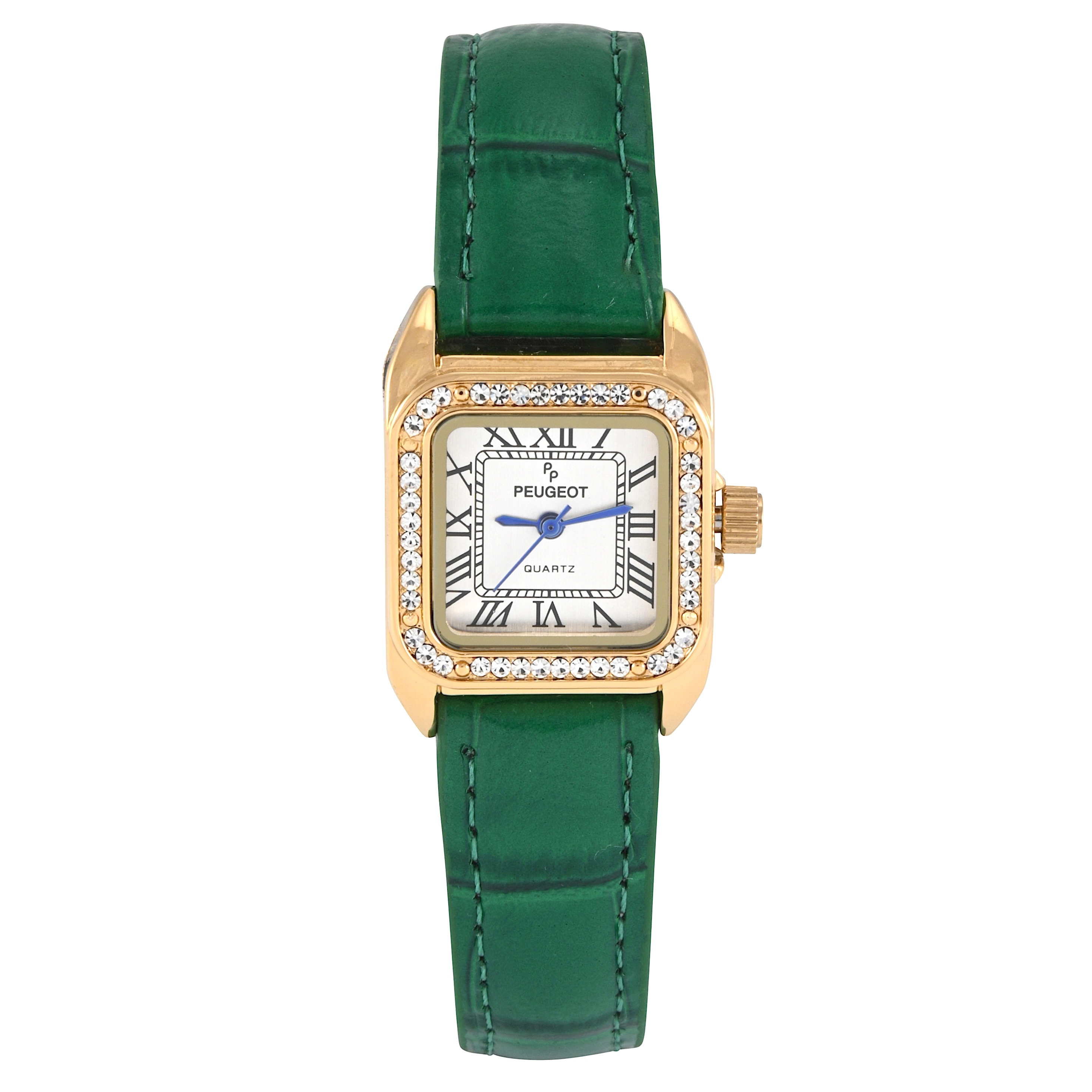 Peugeot Women's 34x24mm Tank Watch with Crystal Bezel Green Leather Strap