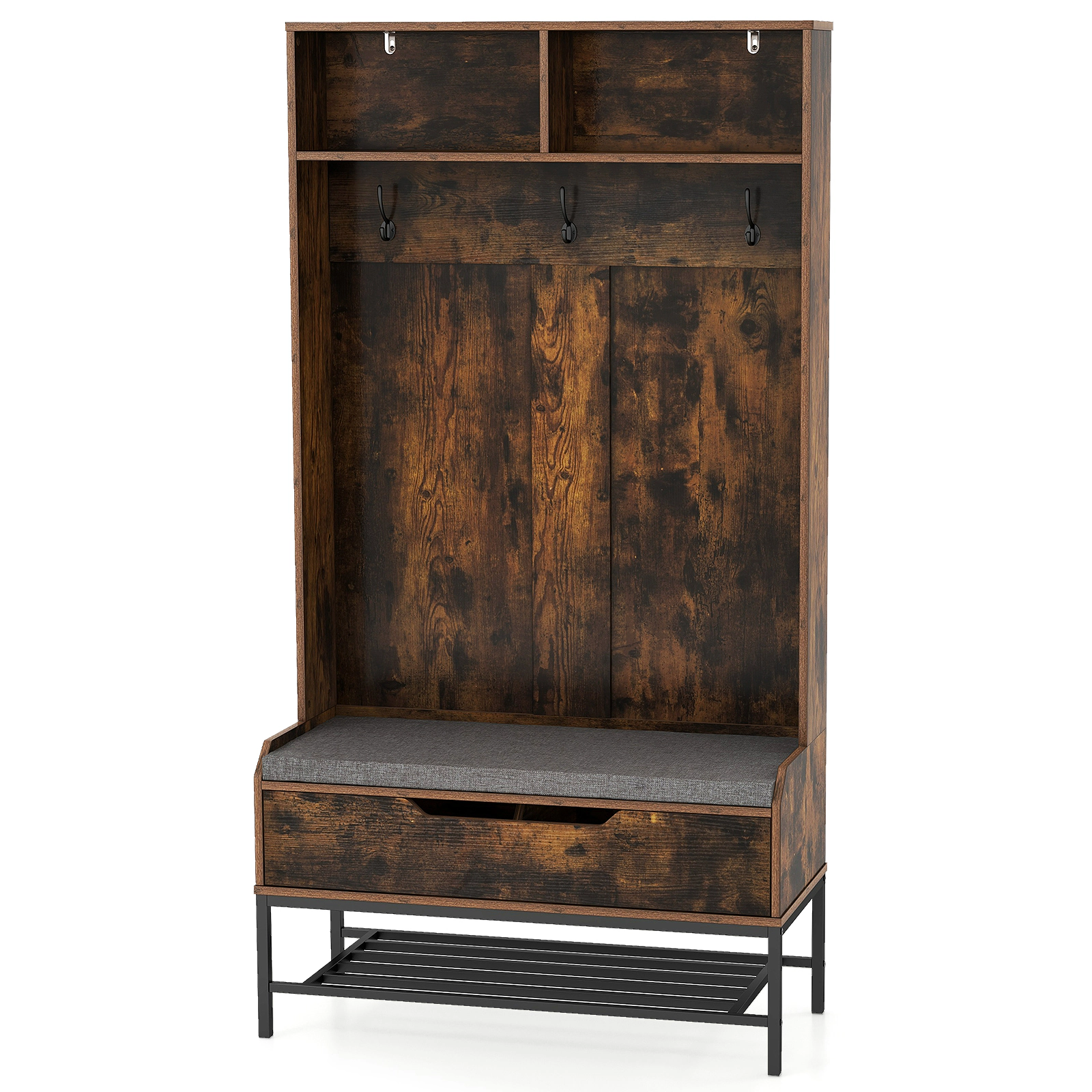 SUGIFT Rustic Brown 67-in Tall Hall Tree with 330-lb Lift-Top Bench 3 Hooks and Entryway Shoe Rack