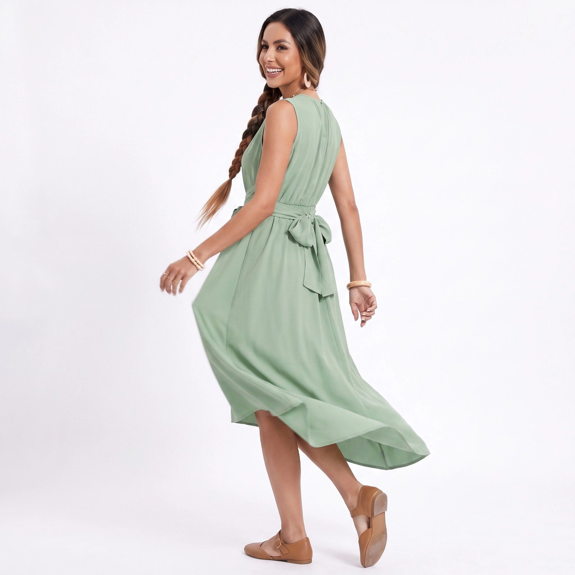 Anna-Kaci Women's High Low Sleeveless Tie Waist A-Line Midi Dress