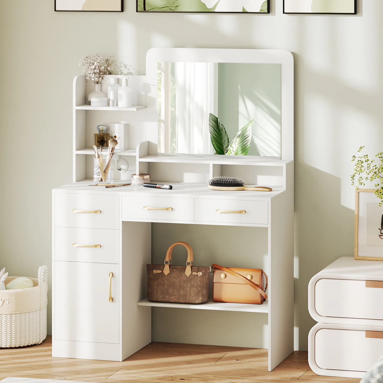 SUGIFT 39.5-in Wide Engineered Wood Vanity Desk with Power Outlets, 23 x 17-in Mirror and Storage 188-lb Capacity White