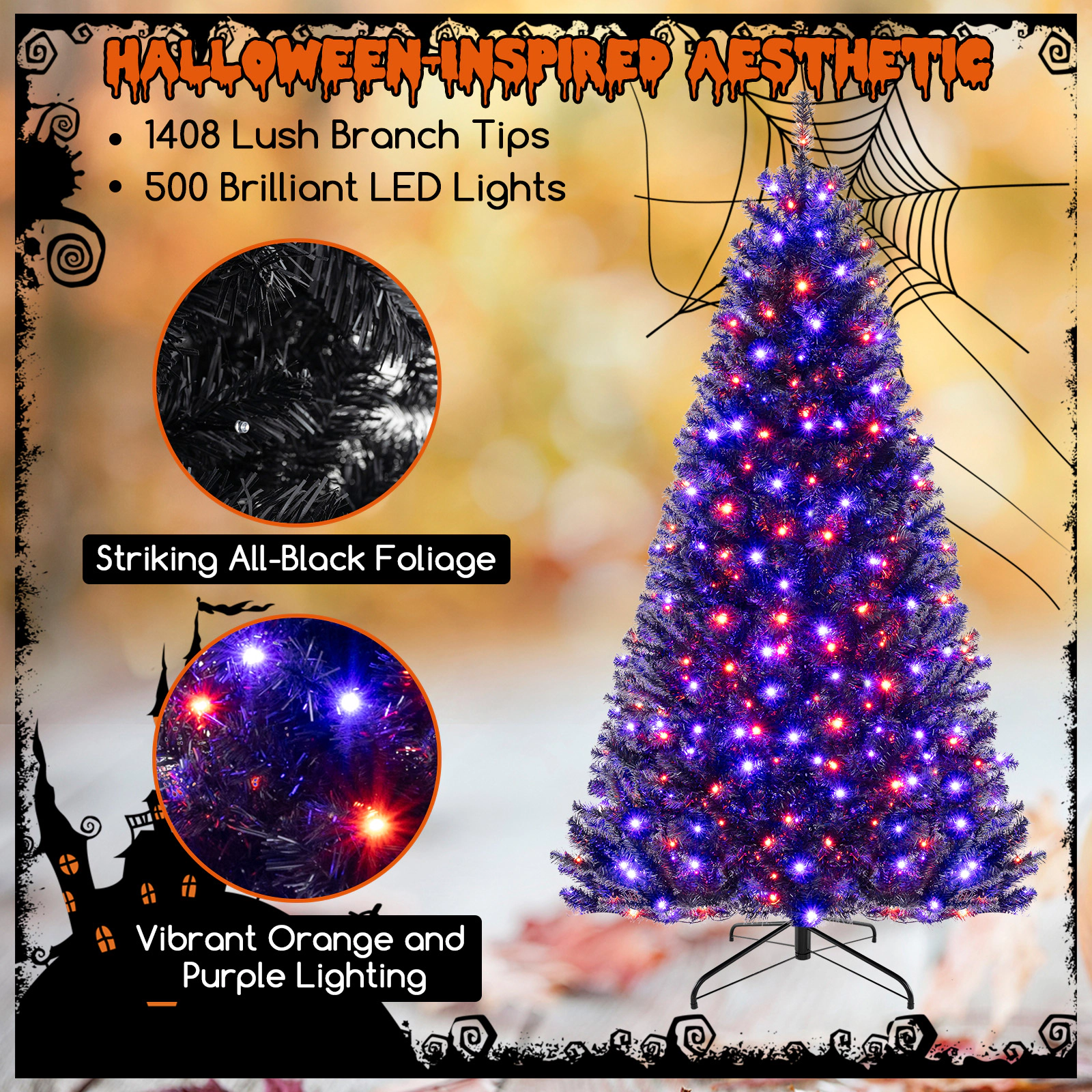 SUGIFT 6-Mode Motion-Activated Artificial Christmas Tree Spooky Sounds 8 ft Tall Black with Orange & Purple LED Lights