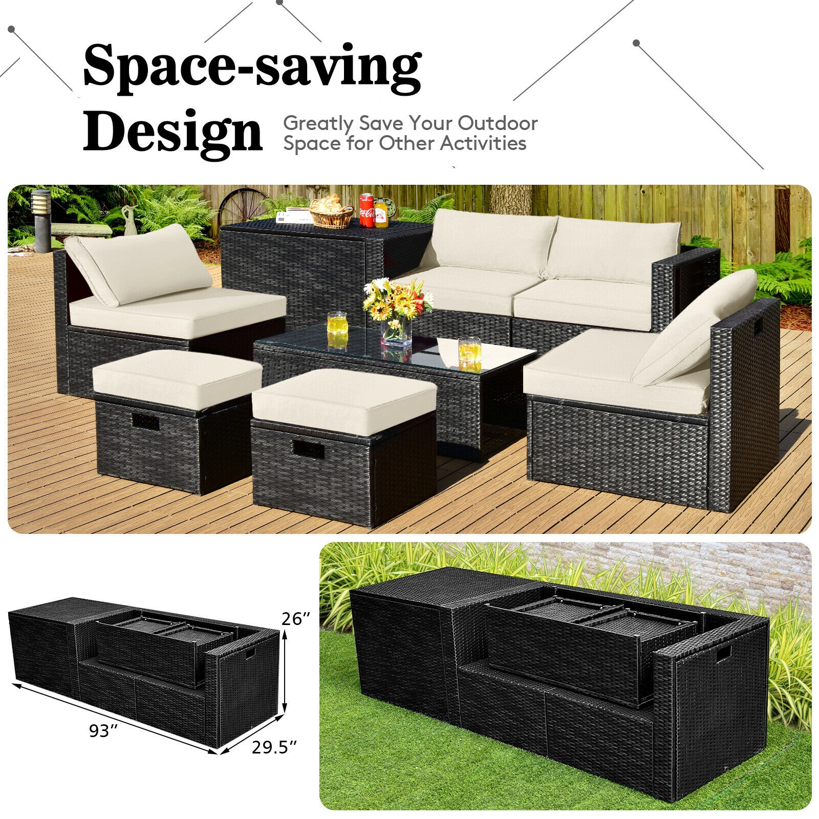 LJG 8 Pieces Patio Rattan Storage Table Furniture Set