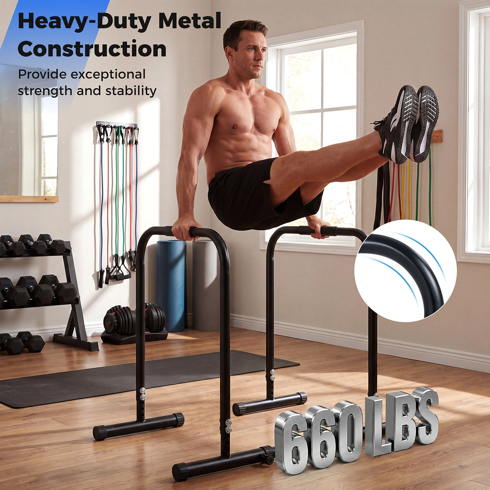SUGIFT Black Adjustable Dip Bar Station with Foam Padded Handles 31.5-in W 34-in to 50-in D 330-lb User Capacity