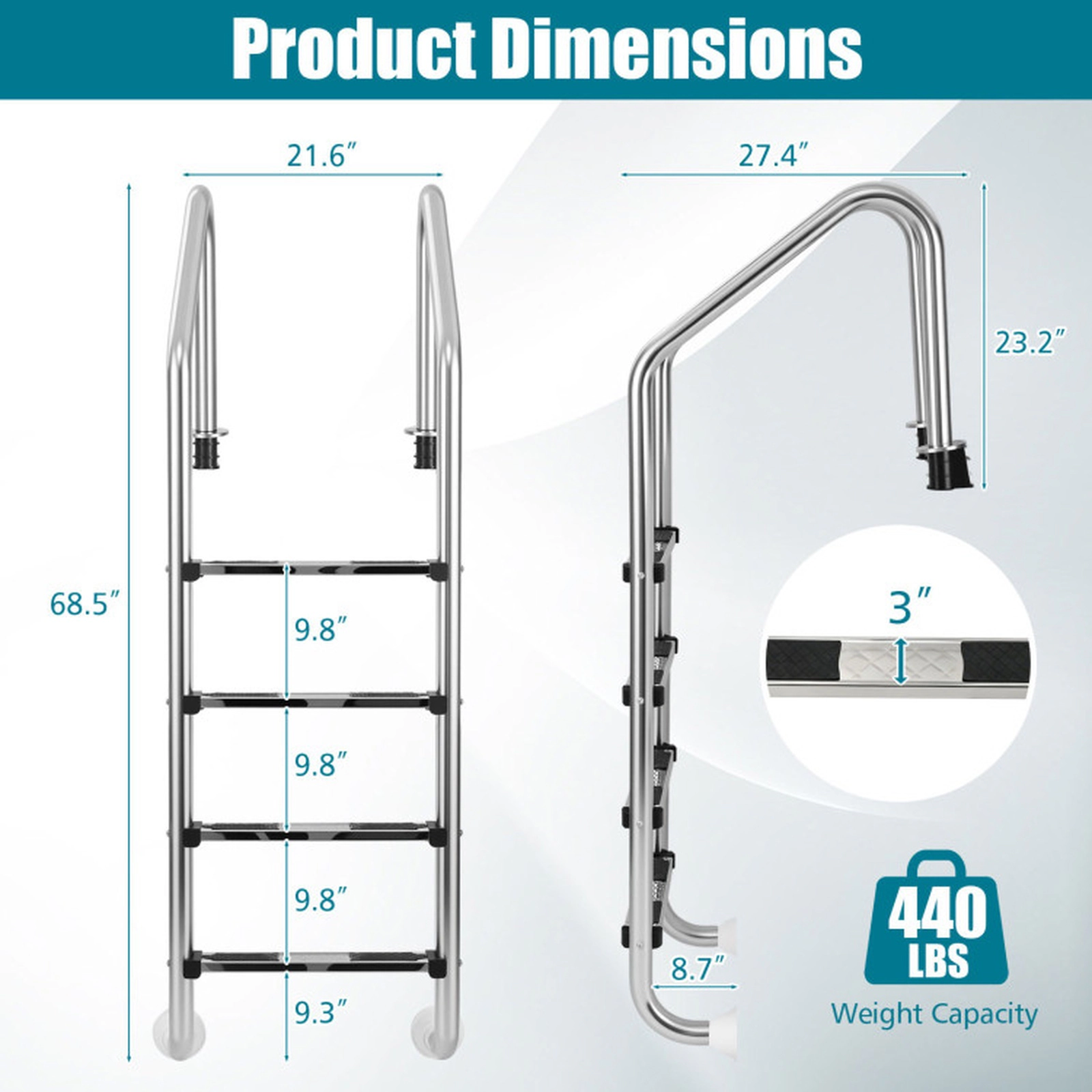 SUGIFT Silver 4-Step Inground Pool Ladder with 2 Handrails and Non-Slip Pedals 68.5-in H 440-lb User Capacity