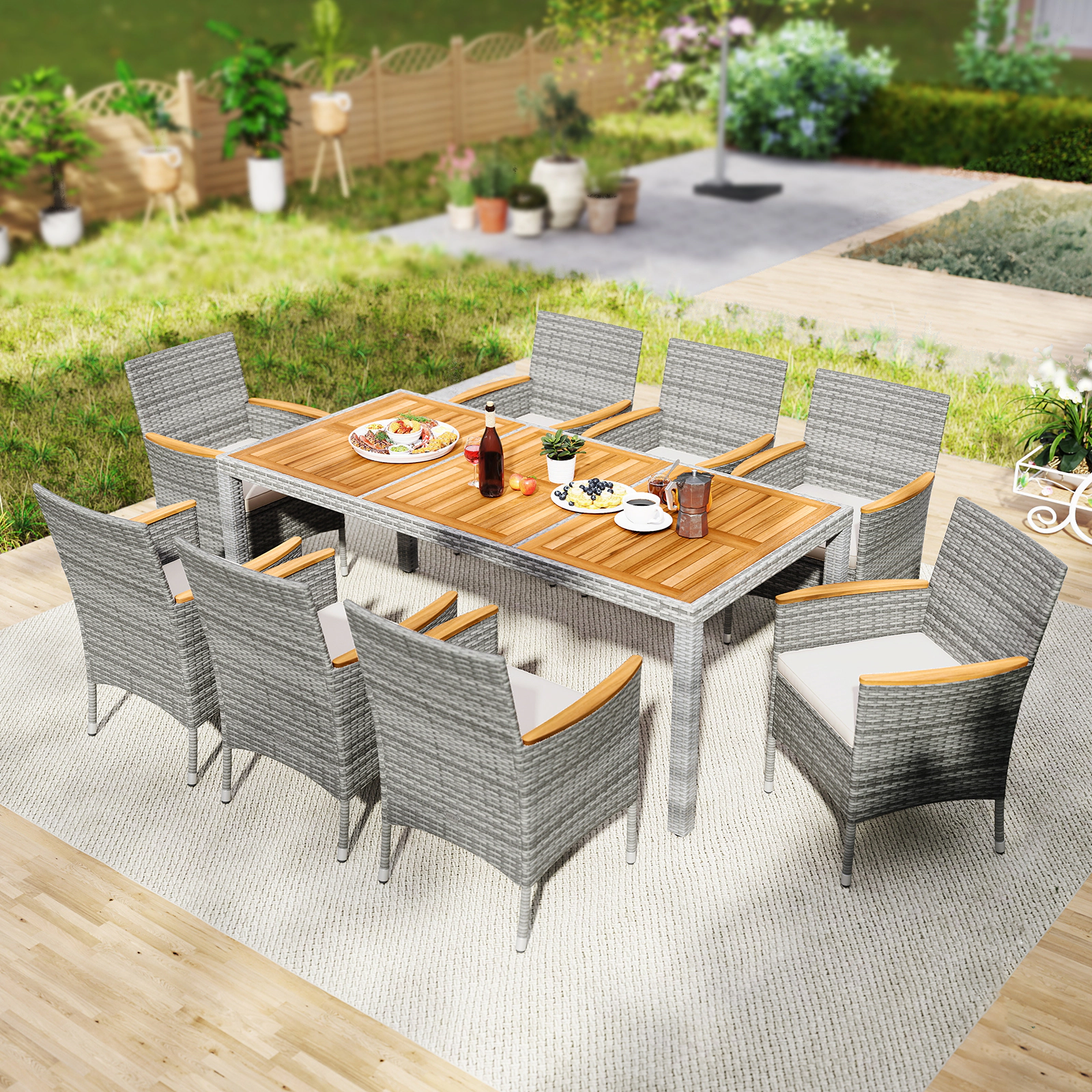 SUGIFT White Acacia Wood Table for Deck and Garden Off 9-Piece Patio PE Wicker Dining Set