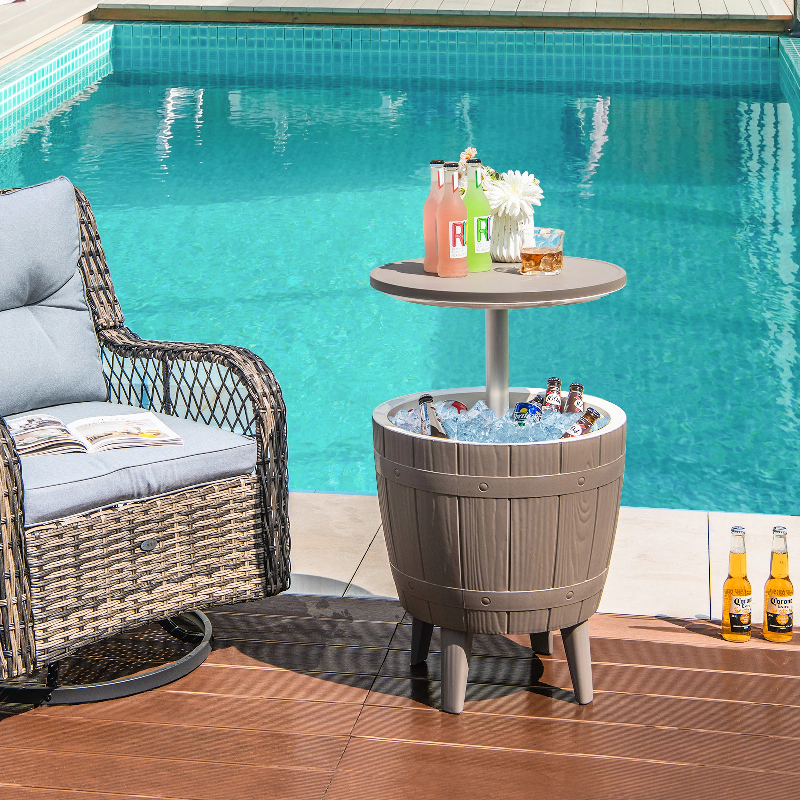 SUGIFT 10-Gallon Brown Outdoor Cooler Bar Table with Telescopic Tabletop 19-in Dia 23-in H 110-lb Tabletop Capacity
