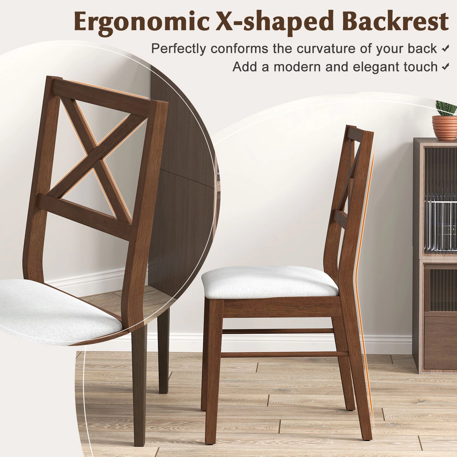 SlickBlue Brown Set of 2 Fabric Dining Chairs Rubber Wood Frame Kitchen Side Chairs