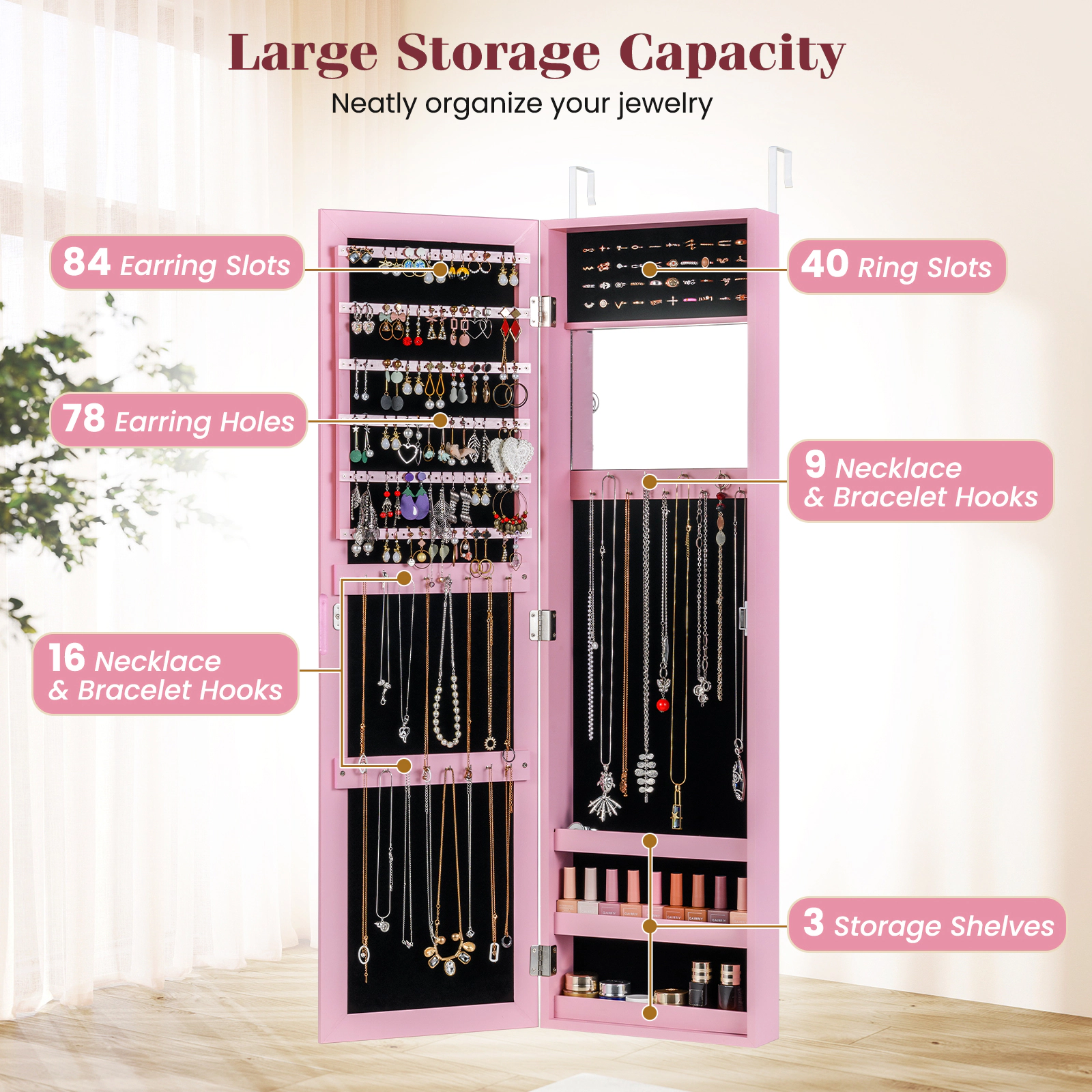 SUGIFT Pink Hanging Jewelry Organizer Cabinet Wall or Door Mounted Armoire with Makeup Mirror and Hooks
