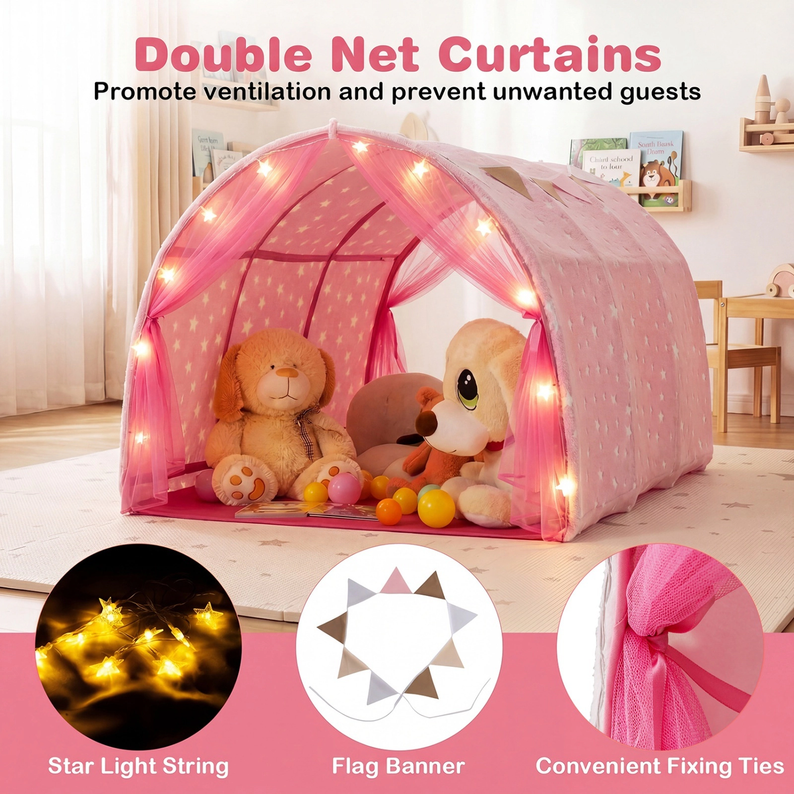 Kids Bed Canopy Tent for Twin Bunk Bed Pink with Glow in the Dark Stars Light String and Flag