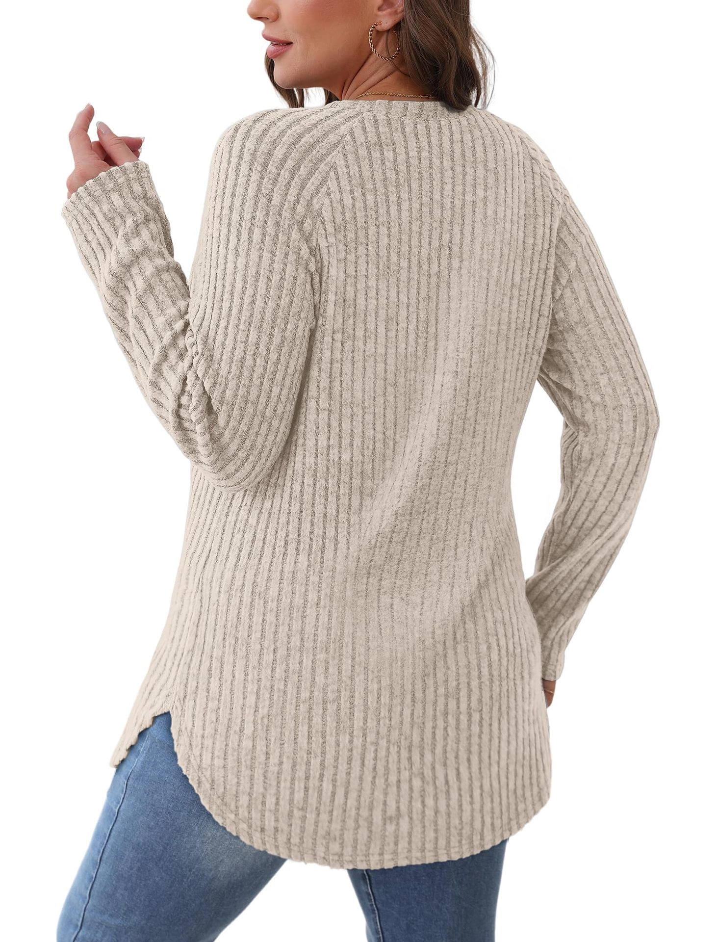 Women's Crewneck Curved Hem Loose Fit Long Sleeve Pullover Sweater Tops