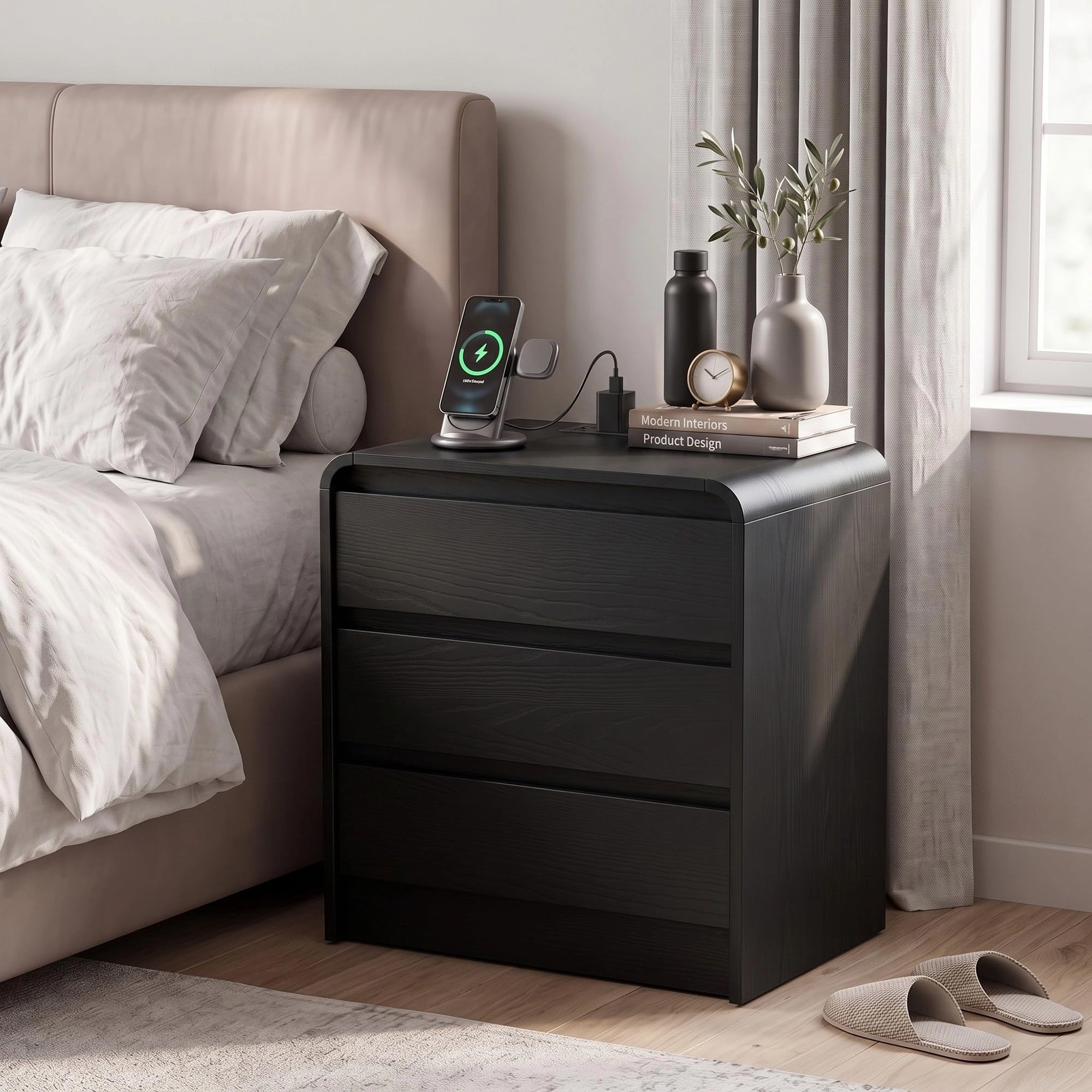 BebreezChic 25 Inch Curved Edge Wood with USB C Charging Station Bedside Nightstands Set of 2
