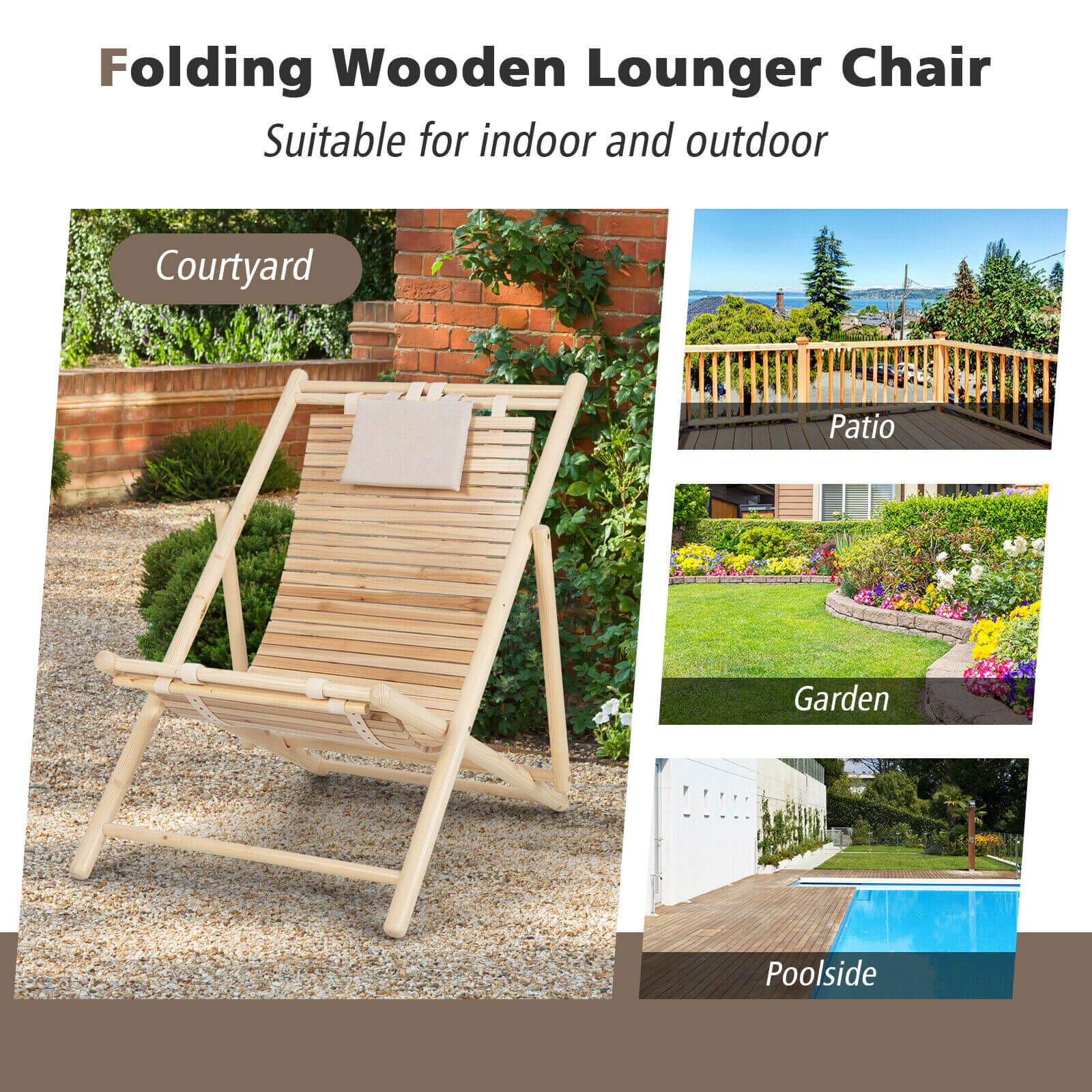 LJG Solid Fir Wood Lounge Chair with 3-Level Adjustable