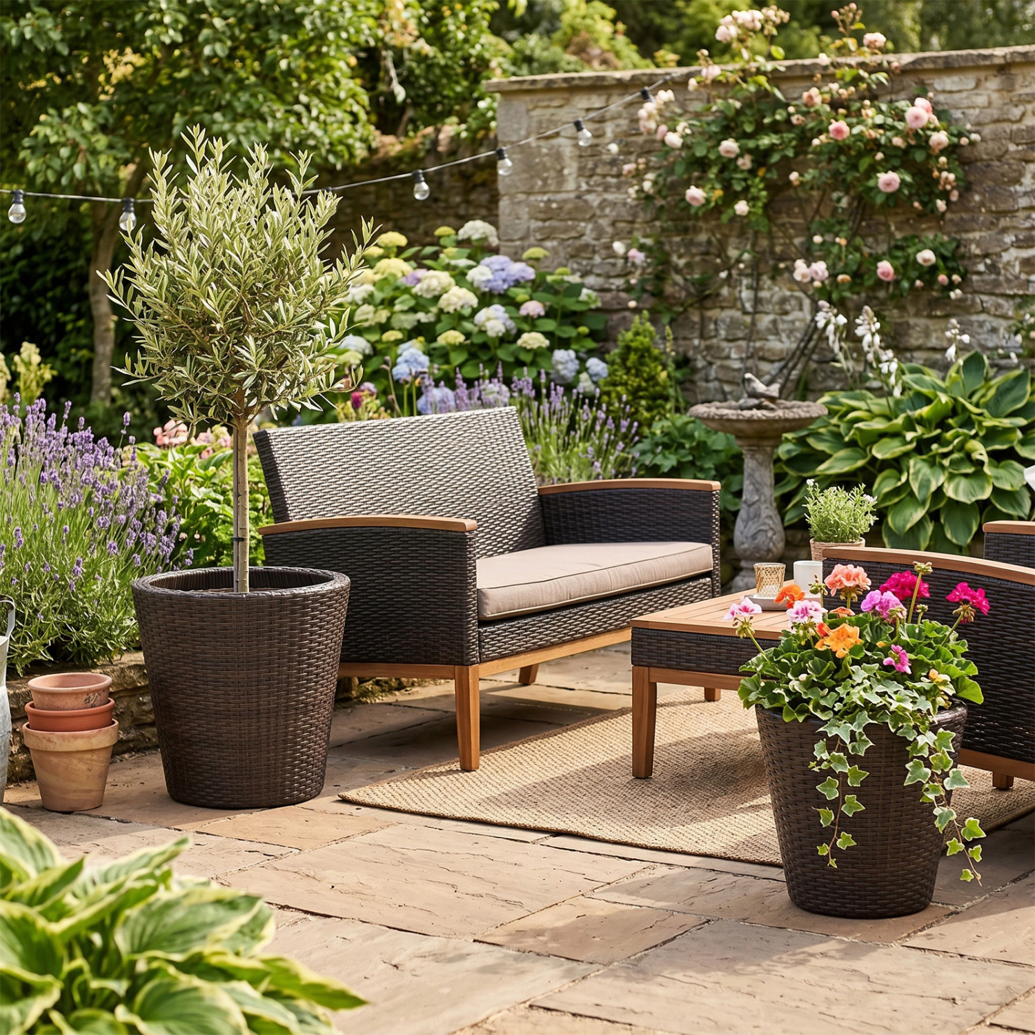 LJG Set of 2 Plastic Taper Rattan Planters with Drainage Holes and Saucers