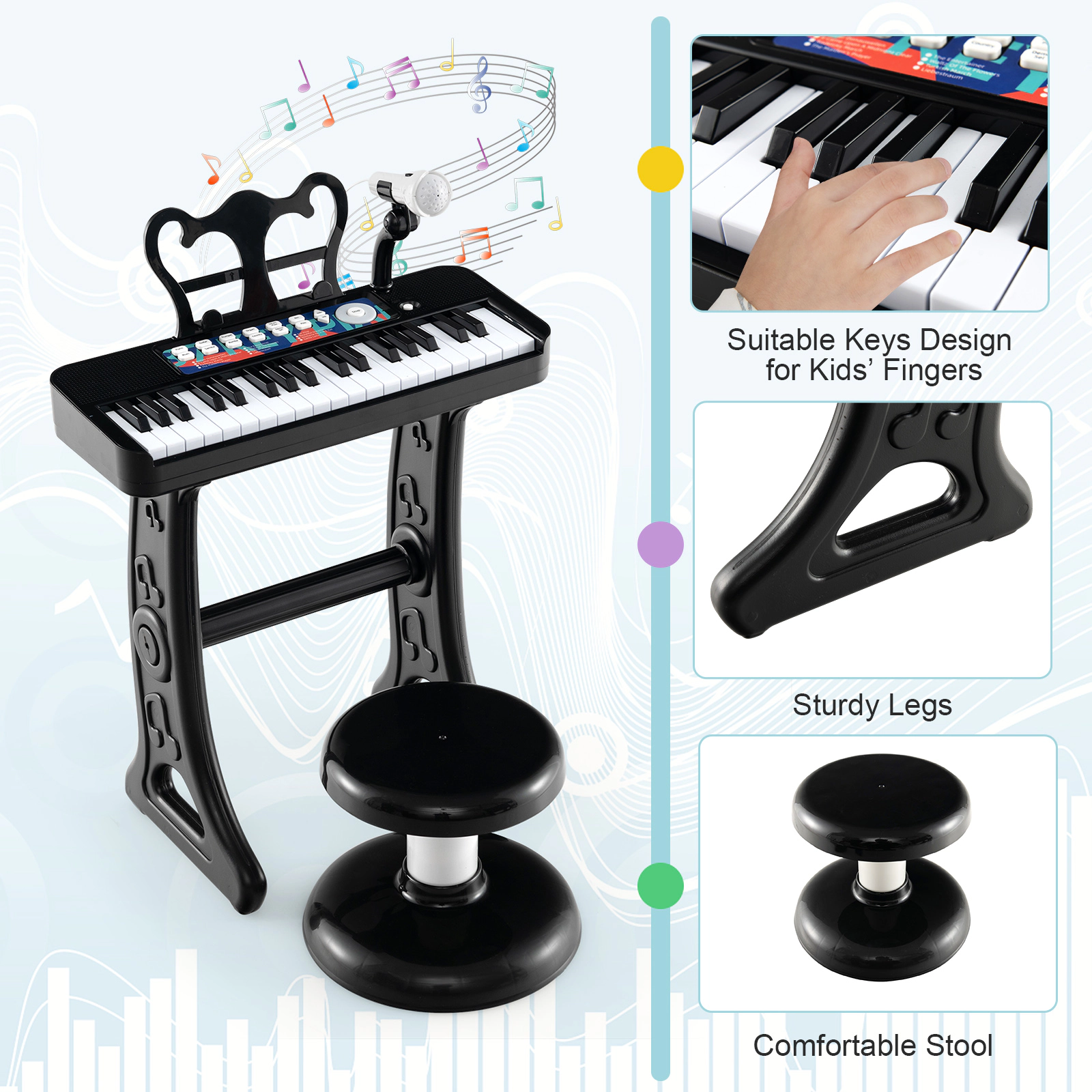 SUGIFT Kids Black 37-Key Toy Piano Keyboard with Detachable Legs and Microphone 16.1-in W 9-in D 17.9-in H Ages 3+