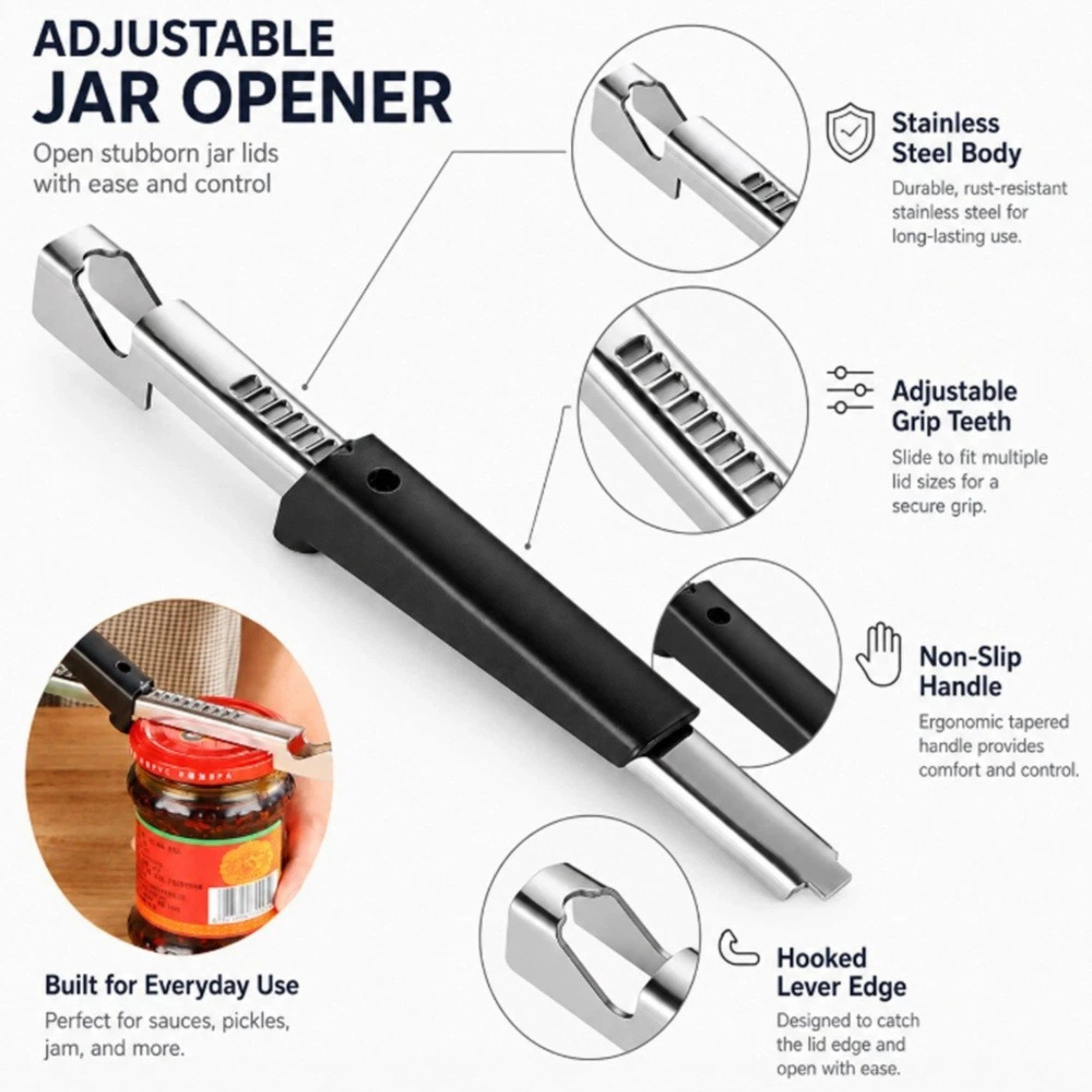 Home Collection Adjustable Stainless Steel Jar Opener Easy Grip Lid Remover