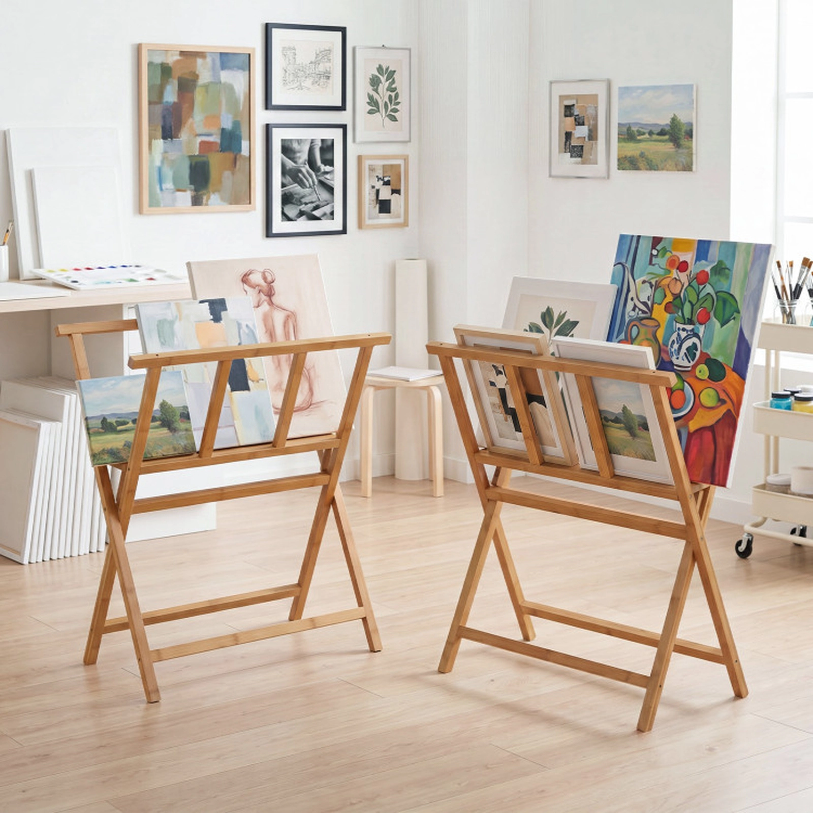 SUGIFT Natural 26 Inch Canvas Storage and Display Bamboo Art Print Rack