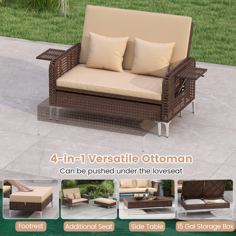 Hivvago 2 Piece Patio Rattan Daybed Wicker Loveseat And Ottoman With Adjustable Backrest