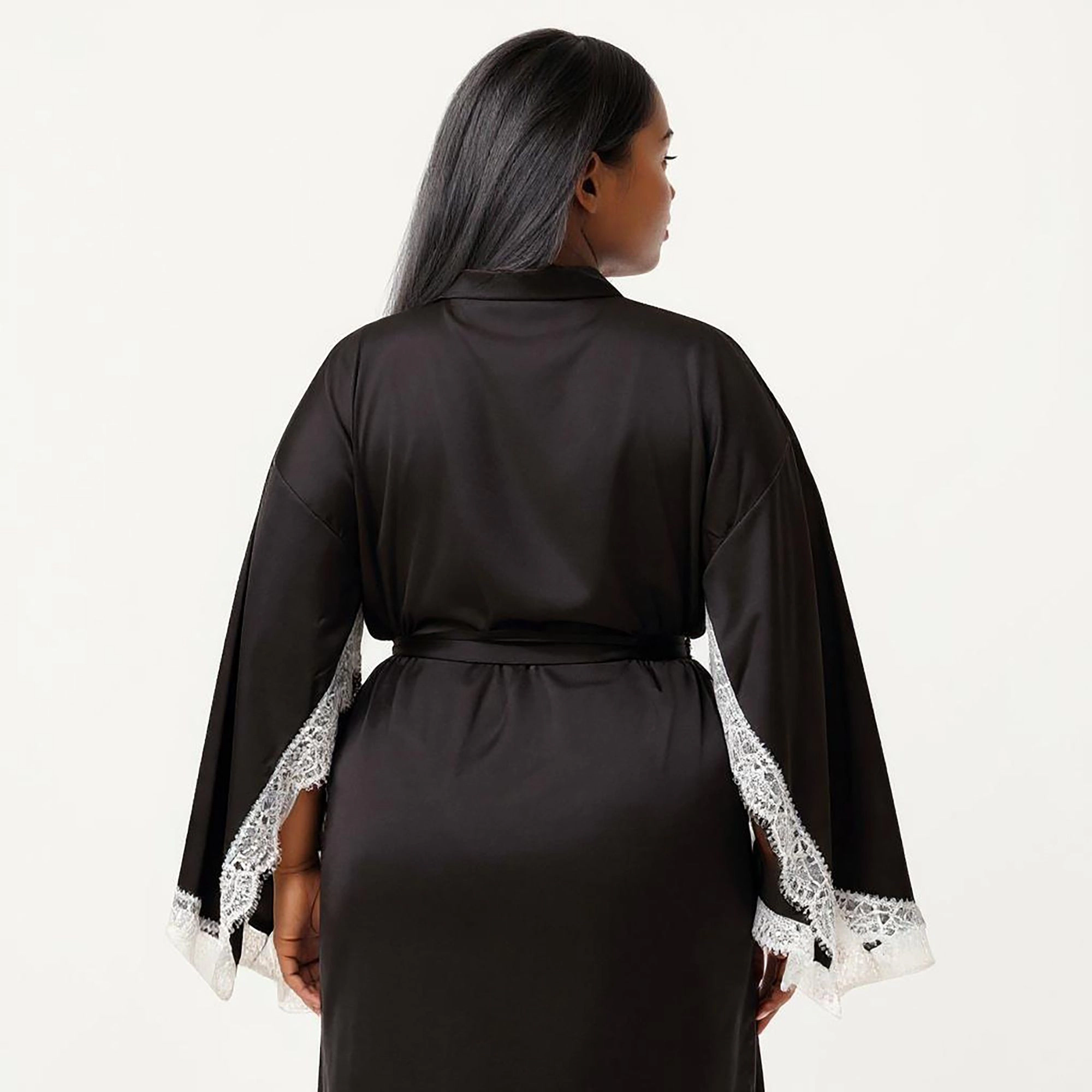 Anna-Kaci Women's Plus Long Robe Set with Soft Draped Silhouette and Delicate Lace Trim Accents