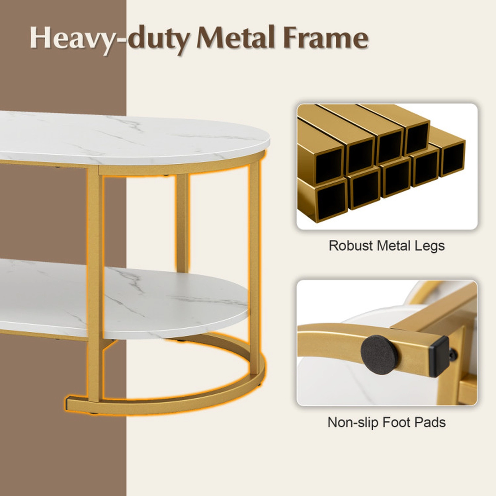 SUGIFT 39.5-in 176-lb Capacity White Faux Marble 2-Tier Coffee Table with Gold Metal Frame and Storage Shelf