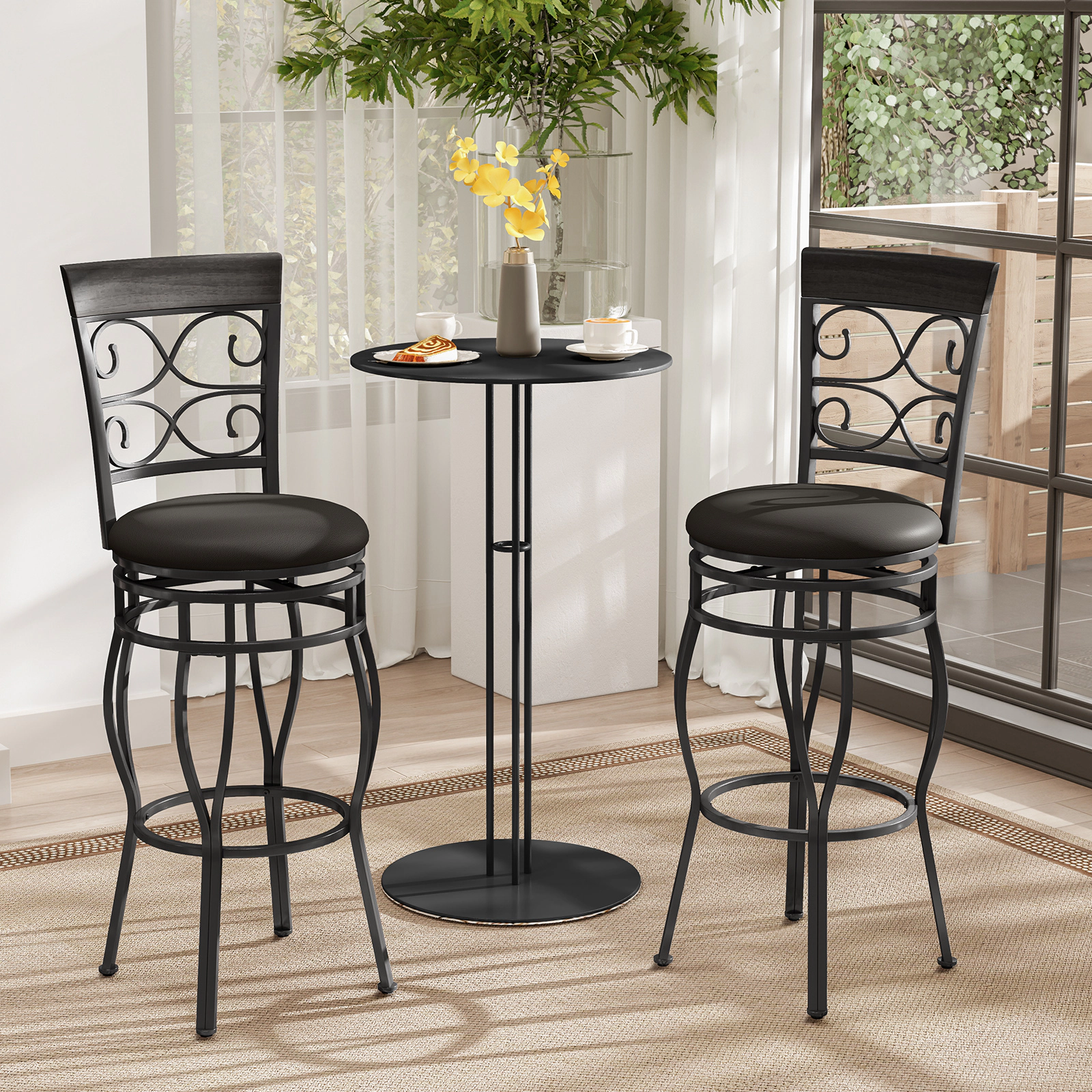 SUGIFT Set of 2 30-in Swivel Bar Stools with Backrest and Footrest 300-lb Capacity 18-in Wide Seat Black PU Leather