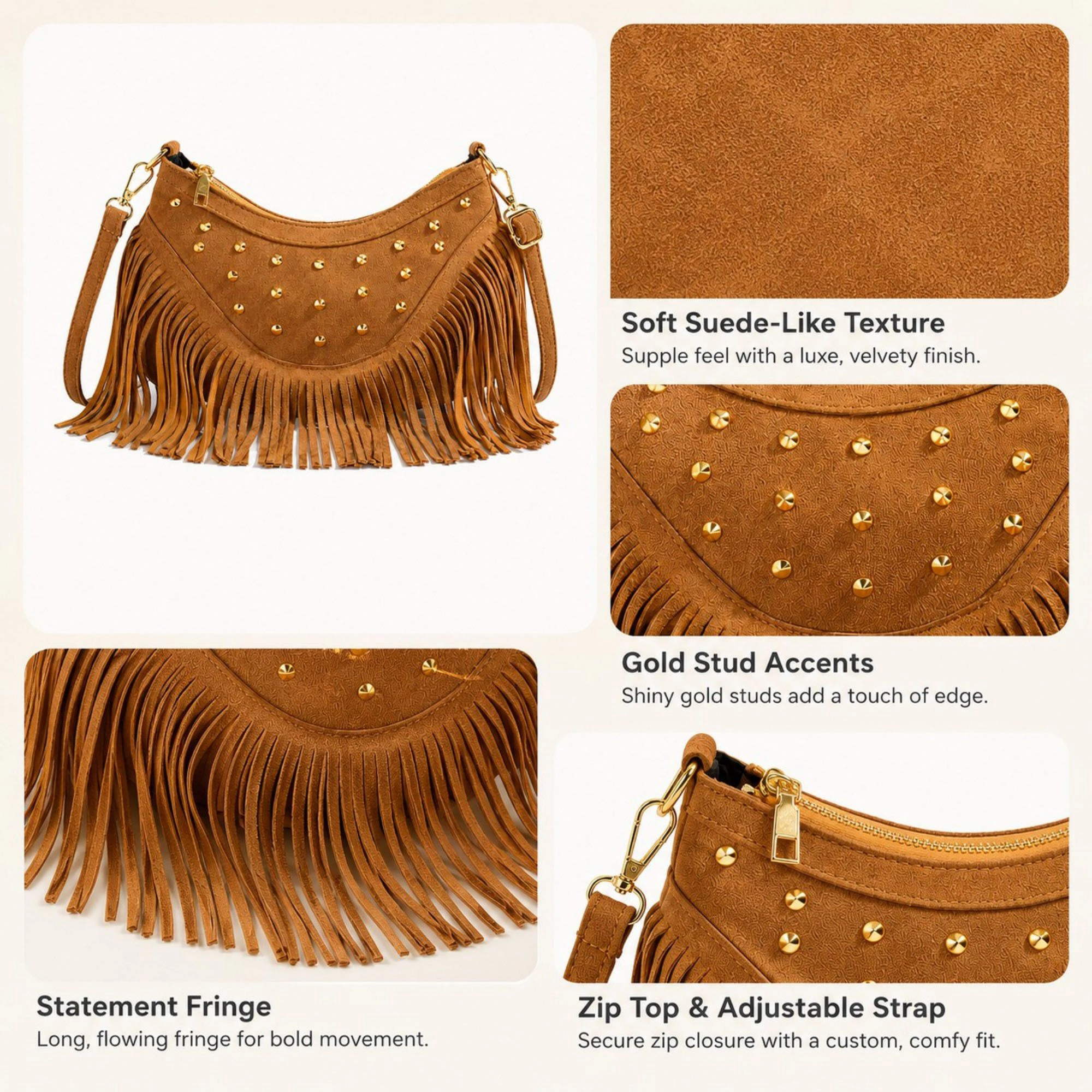 Alilang Women's Studded Fringe Crossbody Bag Suede Look Crescent Shoulder Purse with Adjustable Strap